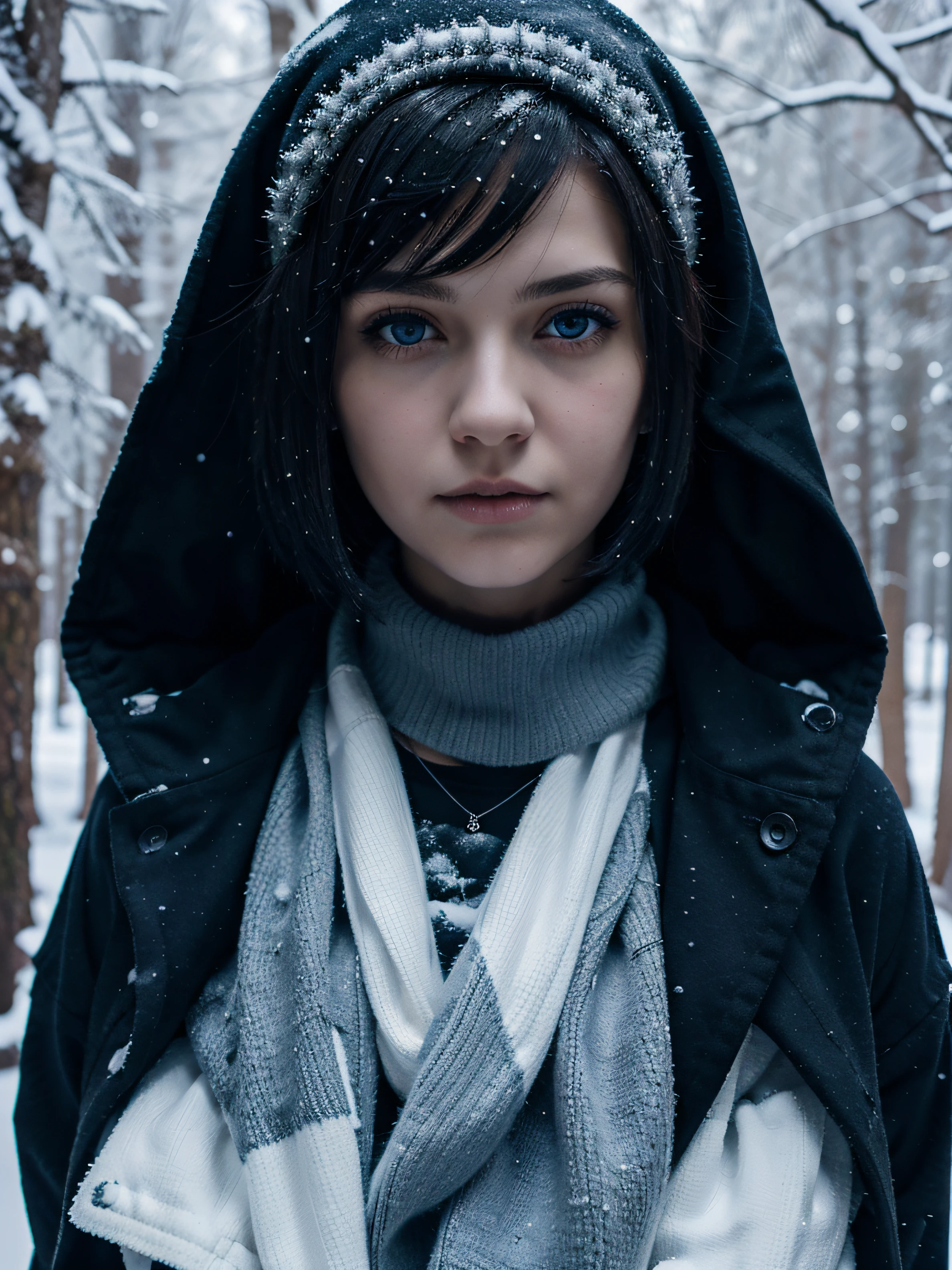 Very beautiful teenage girl, black short hair, big blue eyes, dressed lightly, but winter clothes in emo style, gotik, Cyberpunk style, against the backdrop of a snow-covered forest, Sunny weather, snowing, Cinematography, Highest Quality, high detail