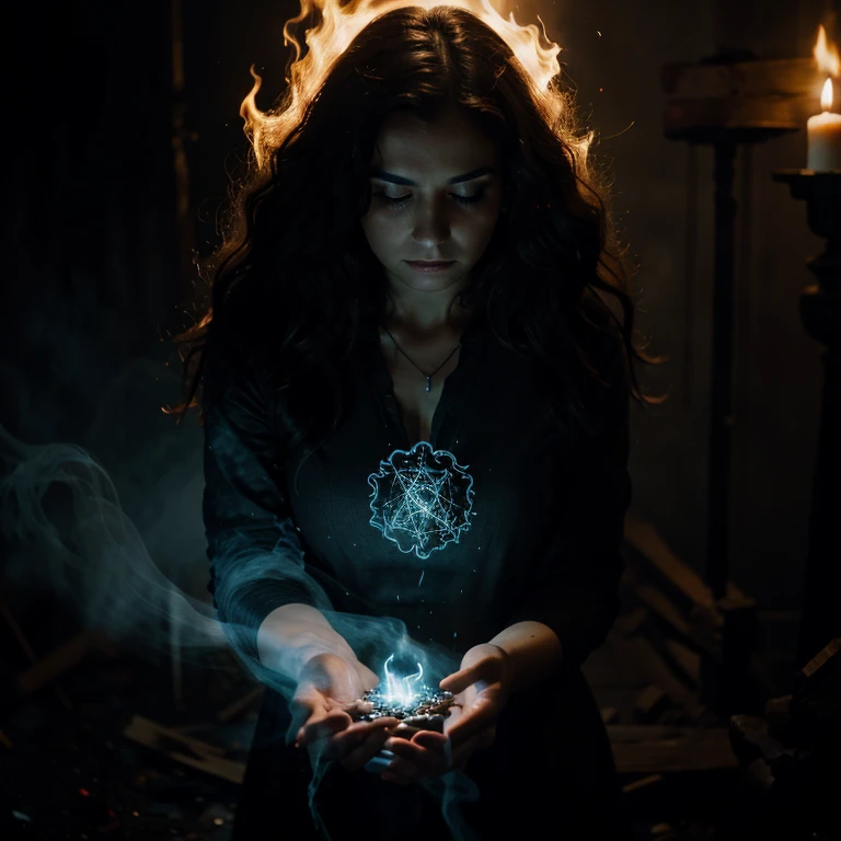 Ghost, glow, mist, woman, fire, magic, spell, calling forth a spirit, chaos, raven