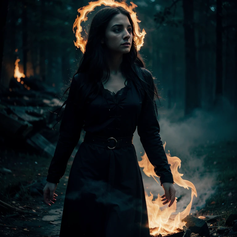 Ghost, glow, mist, woman, fire, magic, spell, calling forth a spirit, chaos, raven