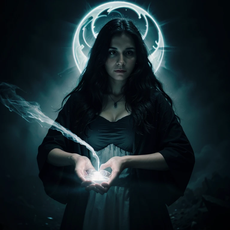 Ghost, glow, mist, woman, magic, spell, calling forth a spirit, chaos, raven