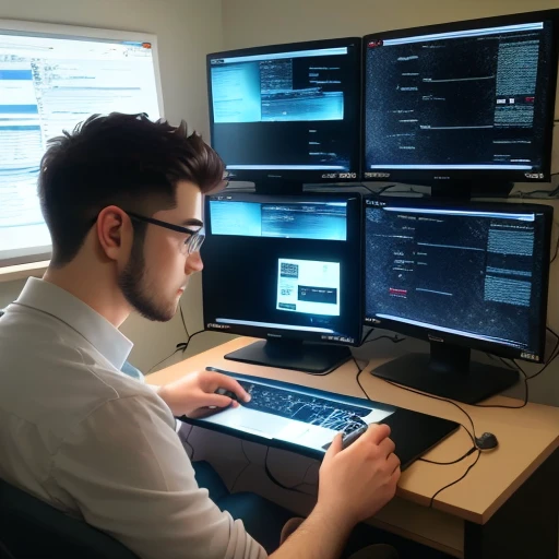 A picture of a man with computers next to him. The picture contains icons with names, solutions to tests and assignments, research and graduation projects, software projects, artificial intelligence projects, software engineering projects.