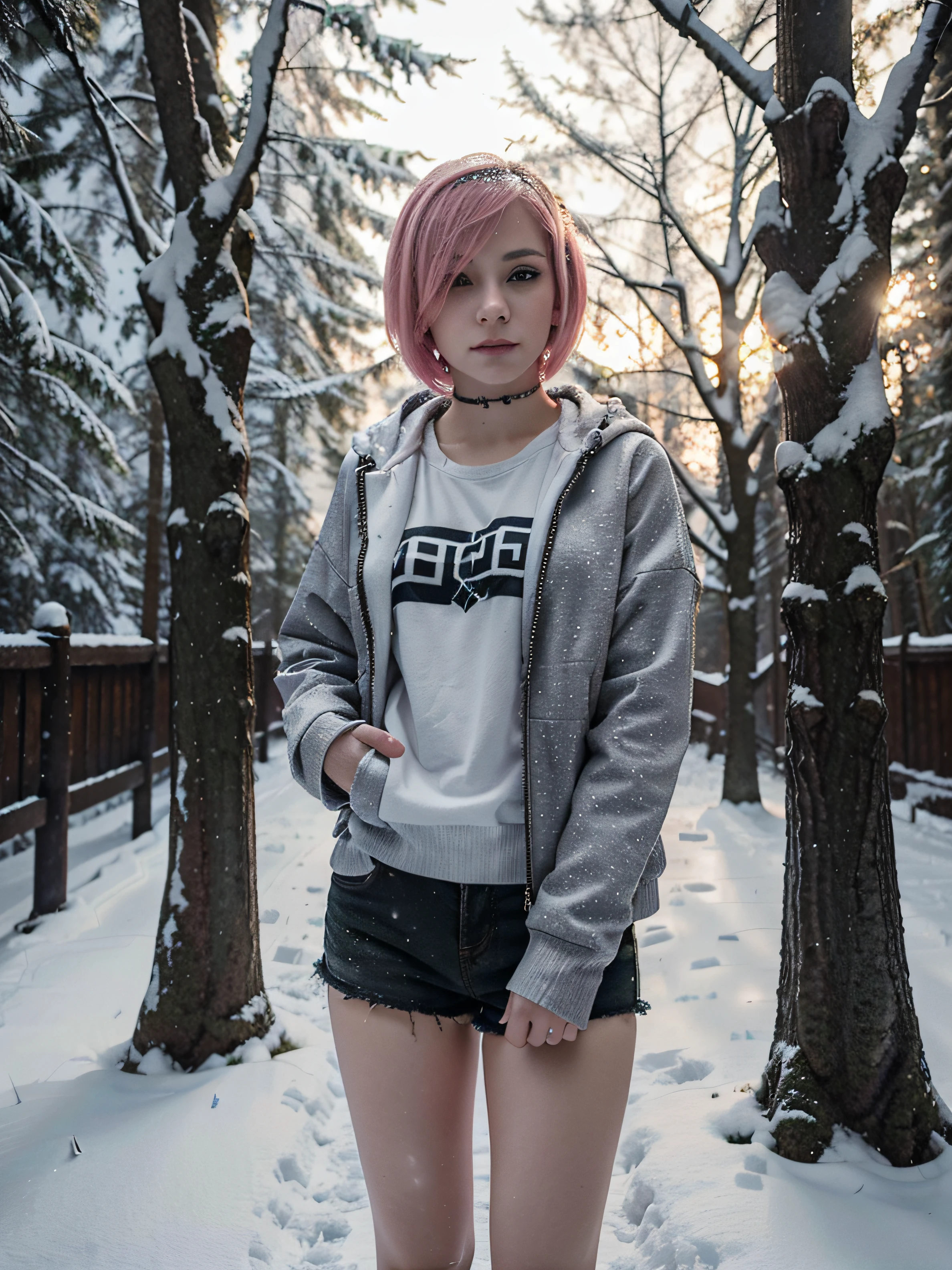 Very beautiful teenage girl, pink short hair, dressed lightly, but winter clothes in emo style, gotik, Cyberpunk style, against the backdrop of a snow-covered forest, Sunny weather, snowing, Cinematography, Highest Quality, high detail