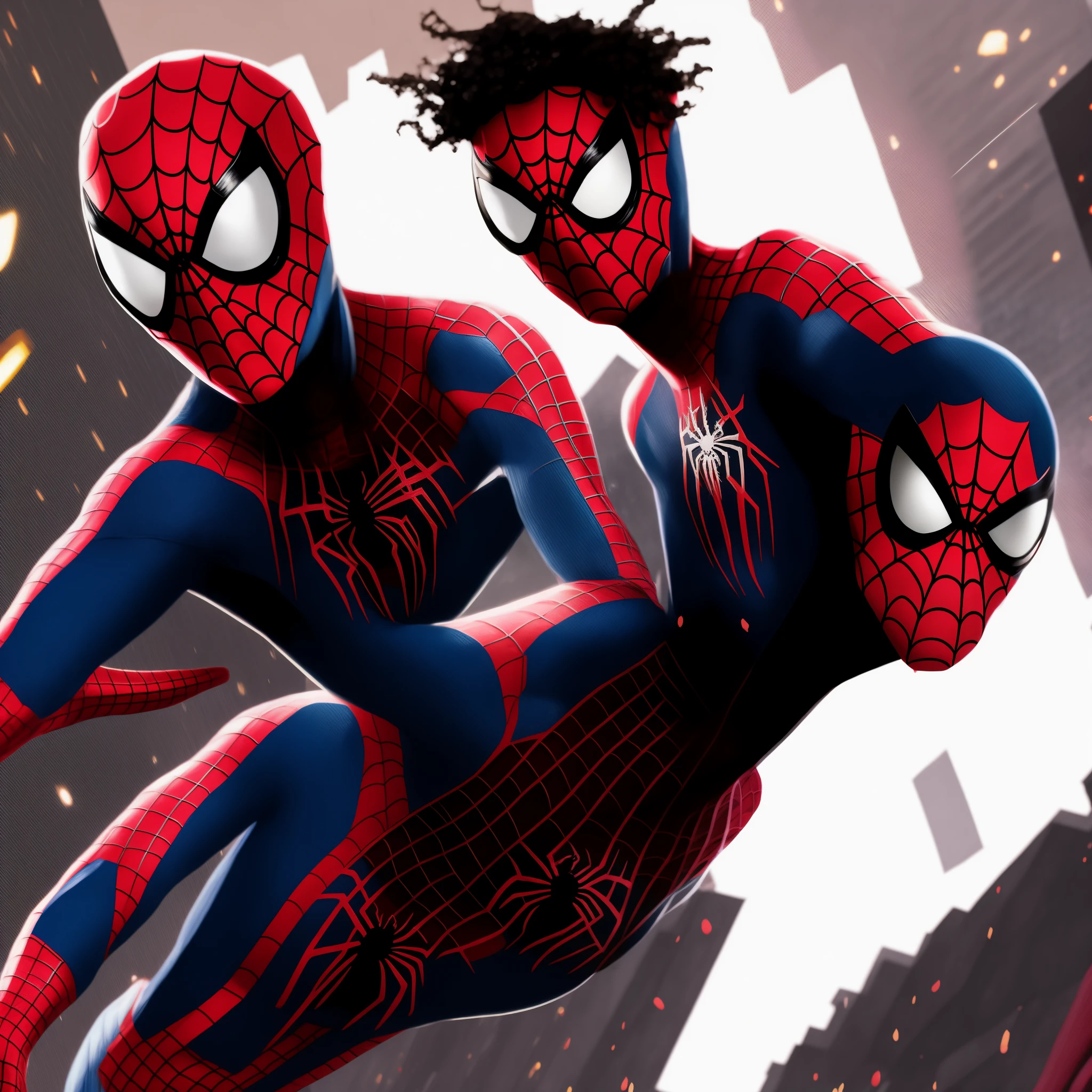 Spiderverse comic, female with black hair and middle long bangs, long wavy hair, white skin colour, dark brown eyes, oval face shape, has a small black mole under her right eye, red powers, in New York with spiderman talking and flirting, 18 years old, asian, black red spiderman costume on