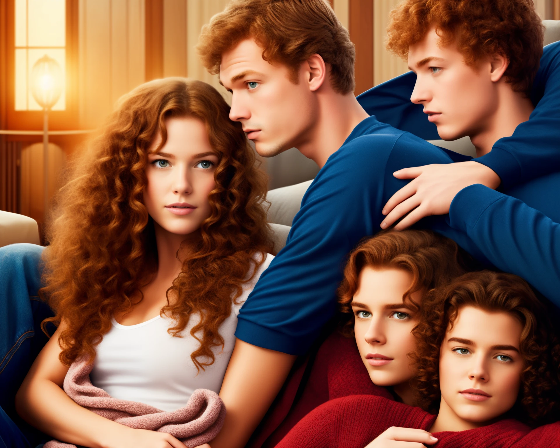 Disney Pixa poster with a woman and a tall young man. The woman has curly long ginger hair and the young man has short black hair combed back. the woman is shorter than the man and they both wear comfortable clothes. sie sitzen kuschelnd auf der Couch und mit dem Tital Ginger.