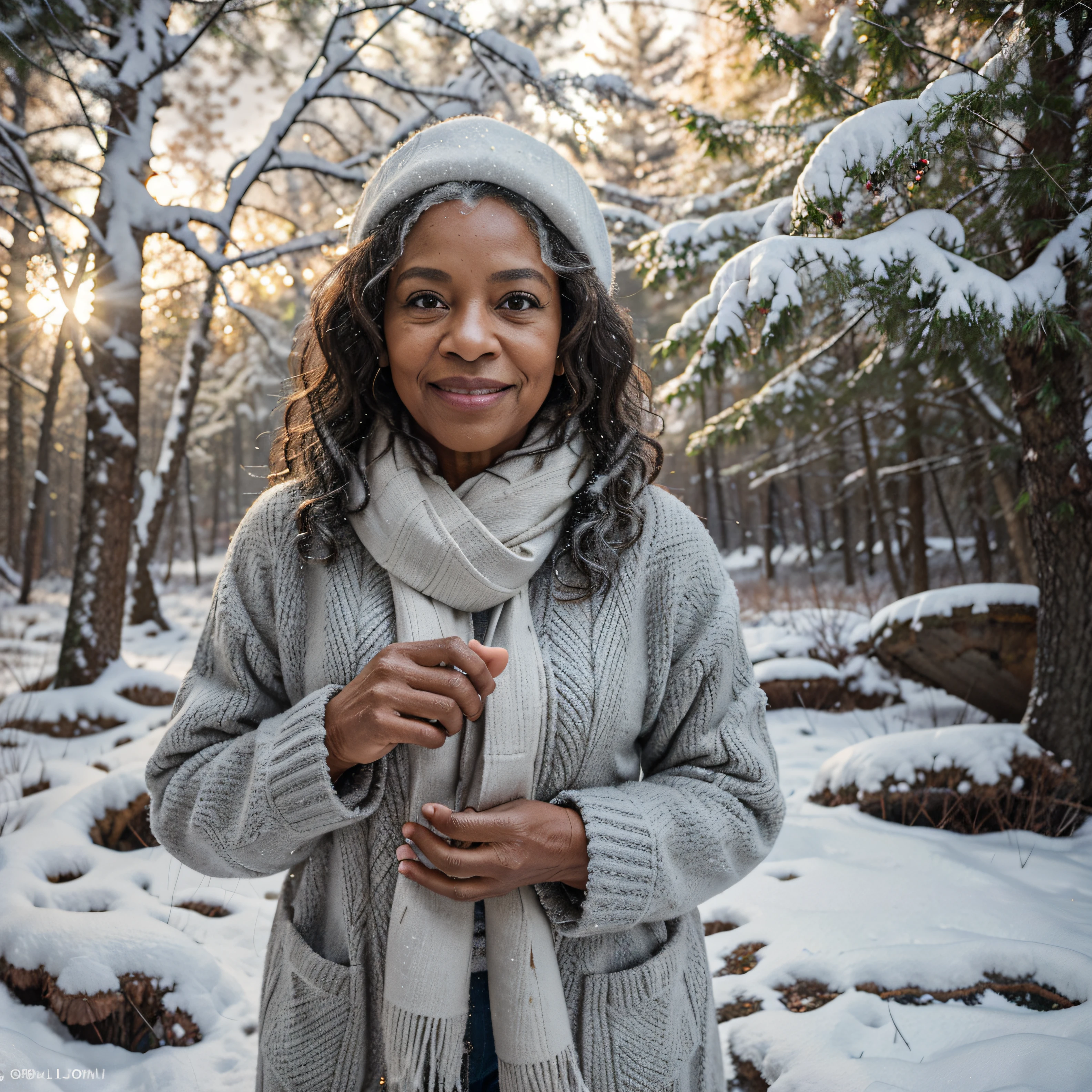 Very beautiful woman about 70 years old., African american, gray curly hair, A slight smile on his face, standing against the backdrop of a snow-covered forest in a light, but winter clothes, catching falling snowflakes with your hands, Sunny weather, snowing, Cinematography, Highest Quality, high detail