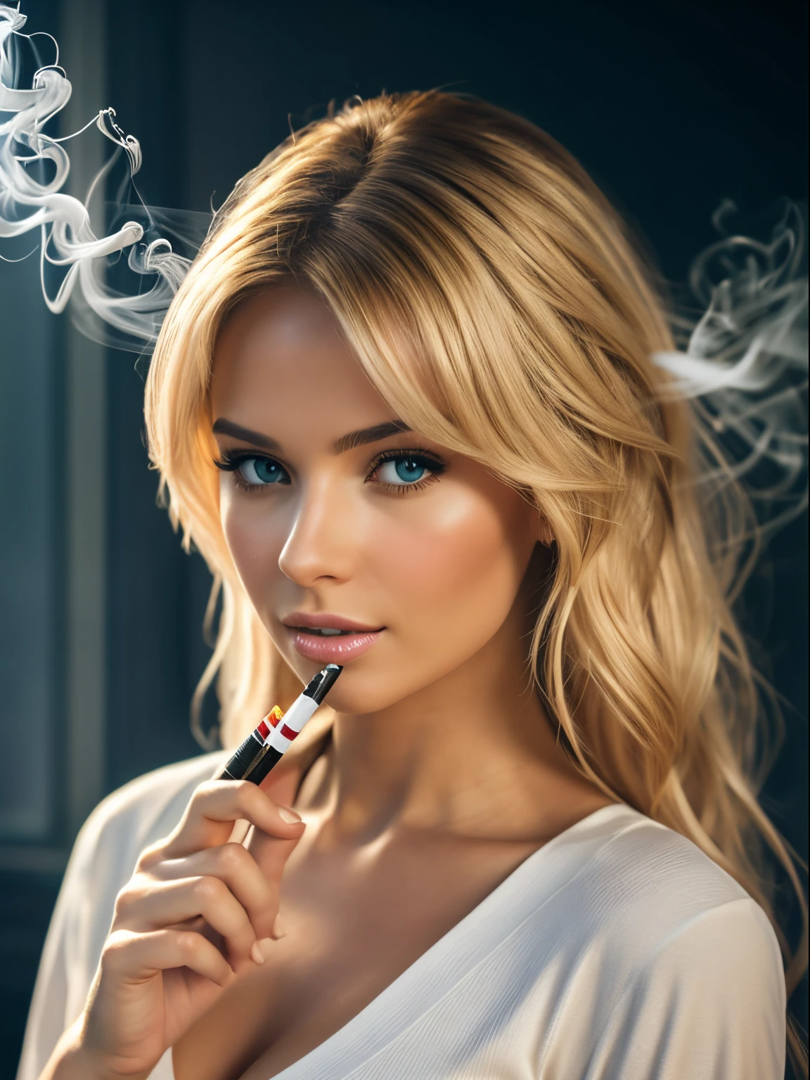 Photorealistic of a insanely beautiful woman with blonde windy messy hair, En train de fumer une 🚬 (cigarette smoke, Smoke effect), in the style of panasonic lumix s pro 50mm f/1.4, light beige and dark azure, celebrity images mashups, soft realism, barbiecore, unreal engine 5, 32k uhd, luminous quality, swiss realism, niji 5