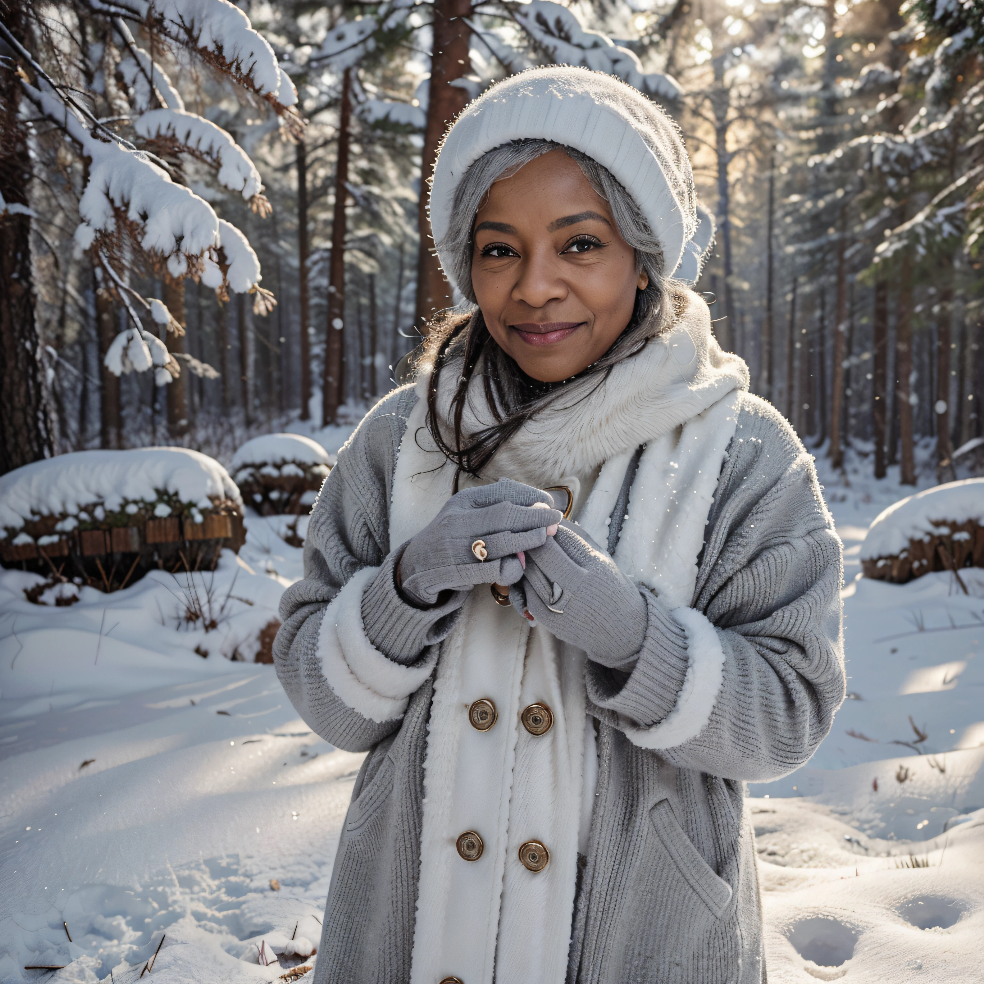 Very beautiful woman about 70 years old., African american, gray hair, A slight smile on his face, standing against the backdrop of a snow-covered forest in a light, but winter clothes, catching falling snowflakes with your hands, Sunny weather, snowing, Cinematography, Highest Quality, high detail