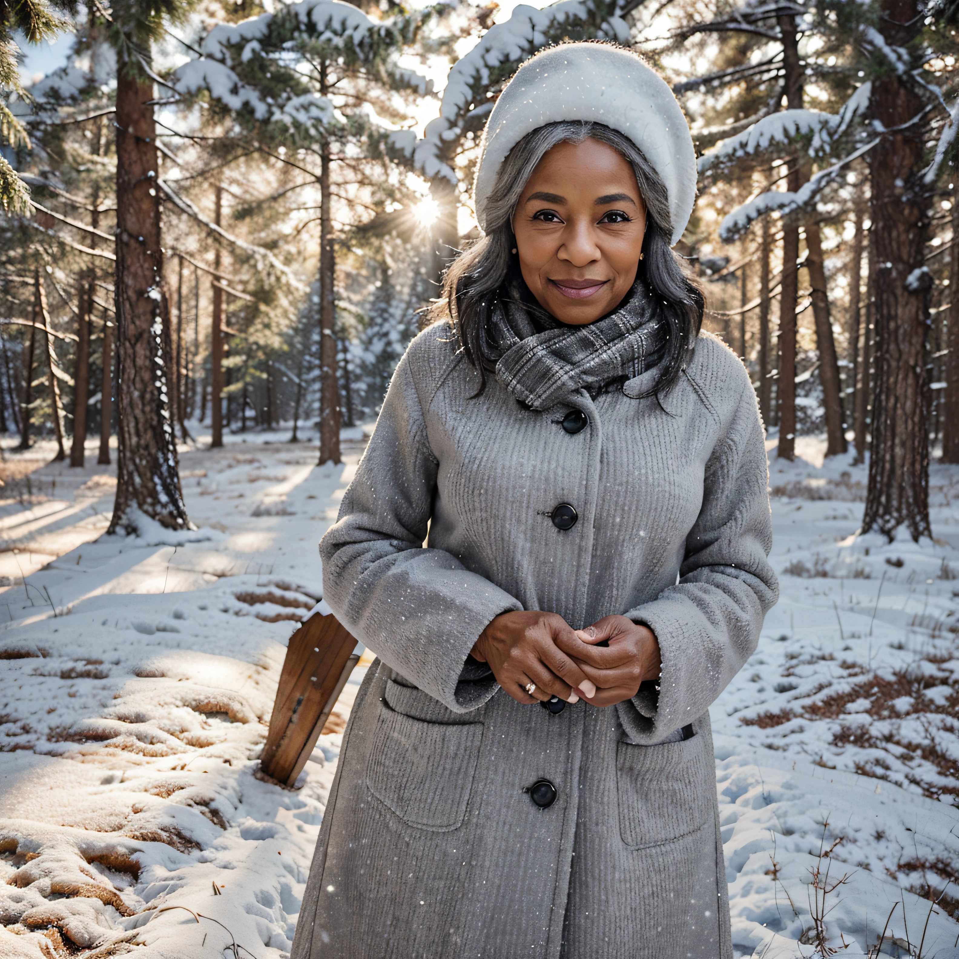 Very beautiful woman about 70 years old., African american, gray hair, A slight smile on his face, standing against the backdrop of a snow-covered forest in a light, but winter clothes, catching falling snowflakes with your hands, Sunny weather, snowing, Cinematography, Highest Quality, high detail