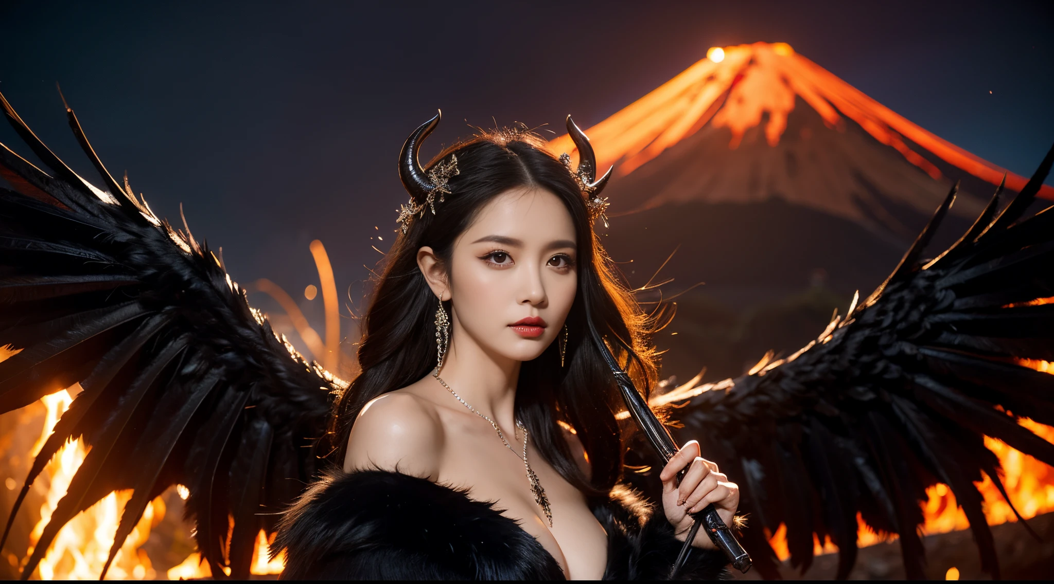 hyper HD,Raised sexy,arrogant,A mature woman,Dragon's Horn,Large breasts,Black feathered wings,(Medium portrait:1.8),With volcano as background,Hellfire,mystic symbols,magia,theatrical