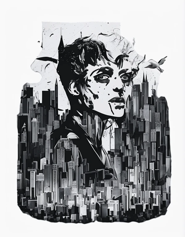 A black and white image of a girl combined with scary buildings