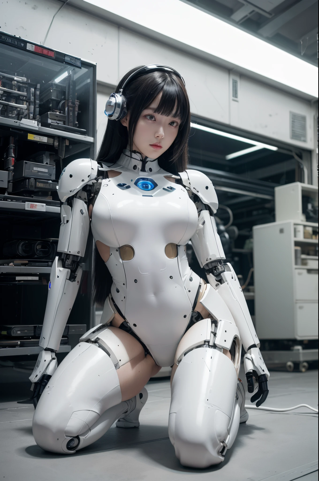 (photorealistic:1.4), (RAW photo),masterpiece, best quality, extremely detailed, (photorealistic:1.4), (RAW photo) (RAW photo) (8K, 4K, Best Quality, hight resolution, 超A high resolution:1.1), (masutepiece, Realistic, Photorealsitic:1.1), 1girl in, Japaese Cyborg Girl,Plump , White boots,announcer,control panels,android,Droid,Mechanical Hand, ,clothes with a sense of mechanical technology, Robot arms and legs, Black Robot Parts,Black hair,Mechanical body,Blunt bangs,White abdomen,White robotics parts,perfect robot woman,future laboratory,cyber pank,charging spot,laboratory,long tube,thick cable connected her neck,kneel on the floor,bowing,ceramic body ,full eyes,striking eyes,mechanical body, ear antenna,mechanical ear cover,android,robot humanoid,dark black tights