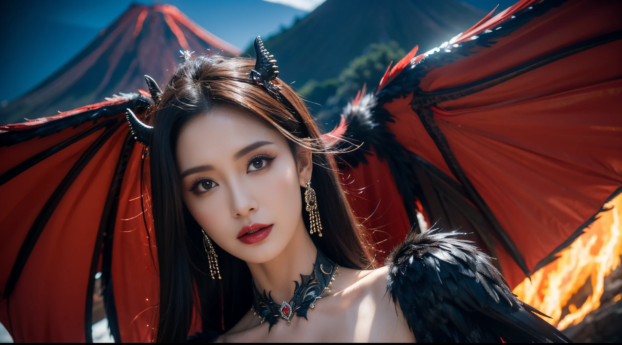 hyper HD,Raised sexy,arrogant,A mature woman,Dragon's Horn,Large breasts,Black feathered wings,(Medium portrait:1.8),With volcano as background,Hellfire,mystic symbols,magia,theatrical