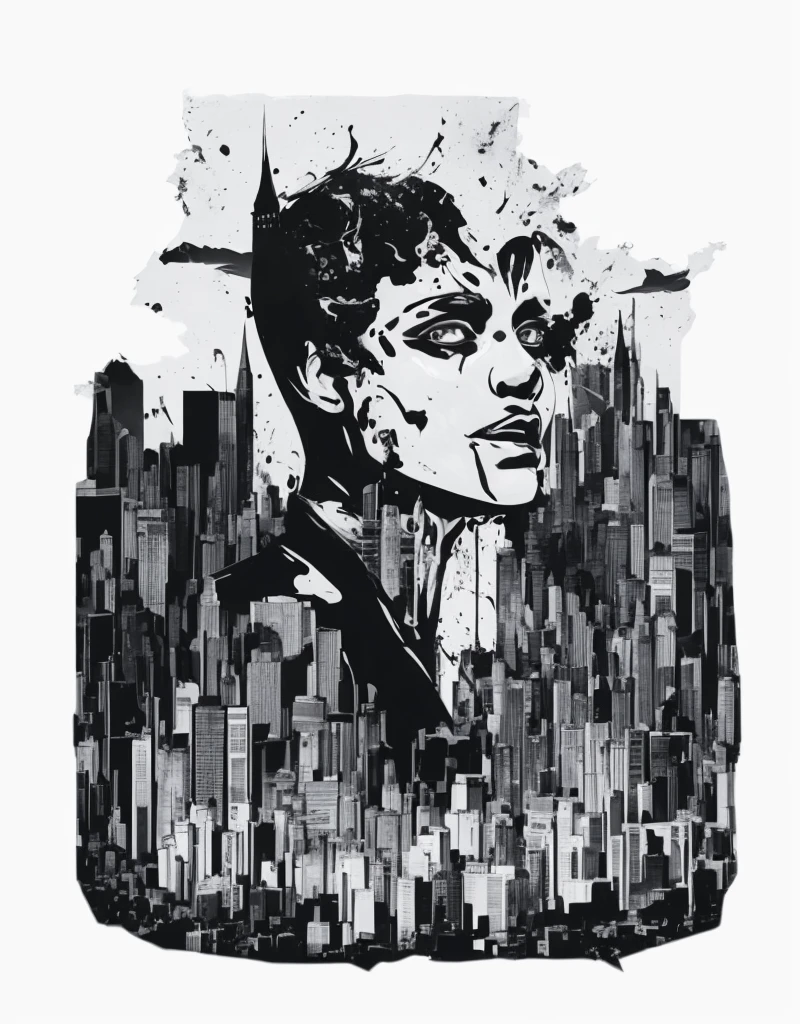 A black and white image of a girl combined with scary buildings