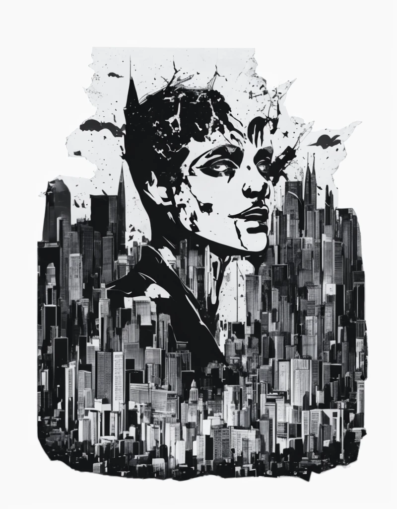 A black and white image of a girl combined with scary buildings