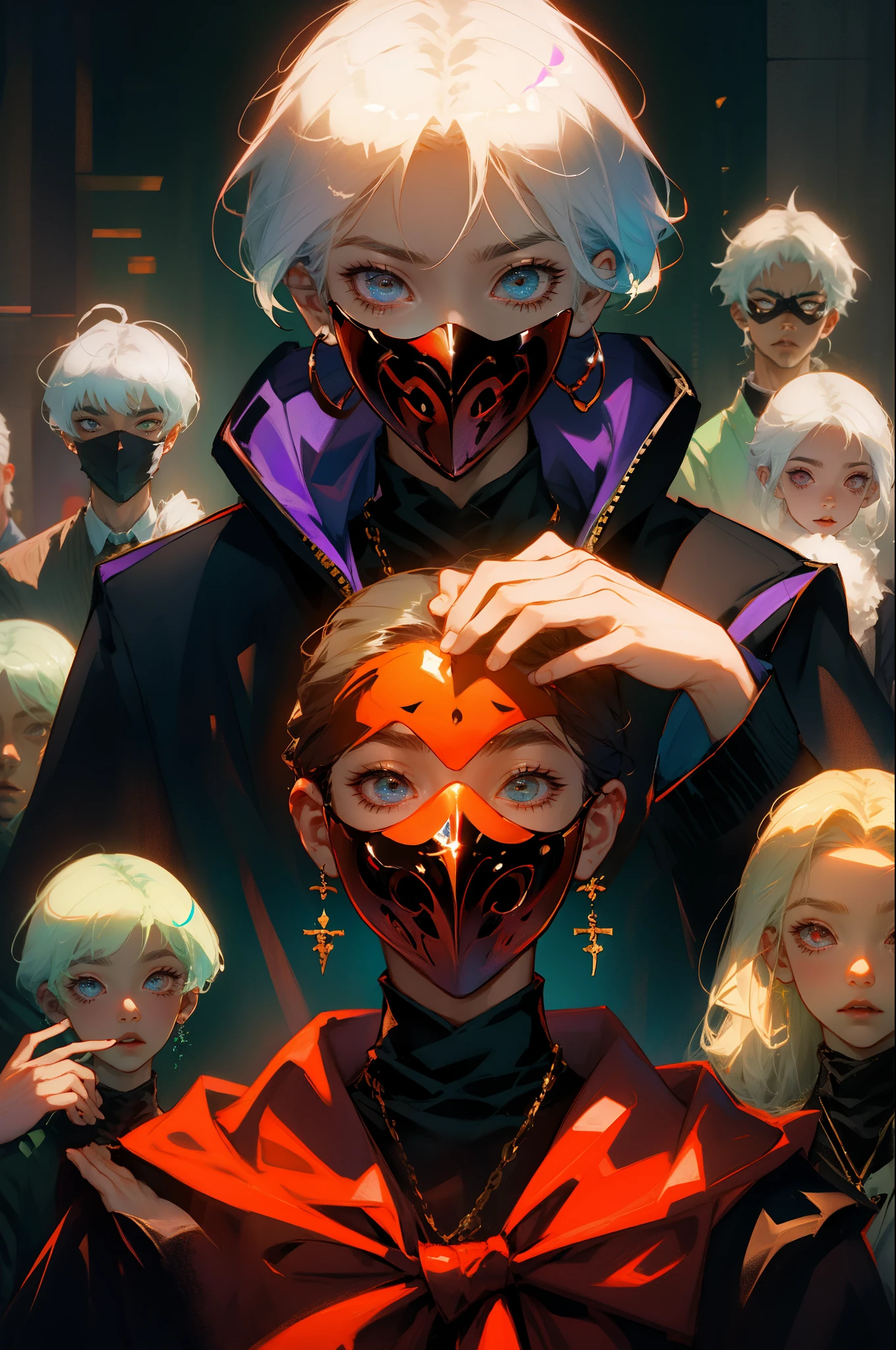 Create an image of a man wearing the mask of Kaneki from Tokyo Ghoul, o ambiente tem que ser um pouco sombrio, behind him 8 people, sendo 4 homens e 4 mulheres, todos usando sobretudo que sonega a identidade