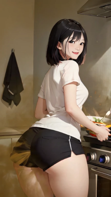 ((velocity)),Attacked by farts, (((Women farting))),(girl farting while cooking in the kitchen)),smiled slightly,velocity,(a female ager ),(wearing t-shirt and shorts,(stand facing the food),(her butt facing the screen)) (shorthair blackhair),(Asian woman),(kitchen),(masterpiece:1.2、top-quality)、(the Extremely Detailed CG Unity 8K Wallpapers、ultra-detailliert、Best Shadows)、(细致背景)、(The best lighting、extremely delicate and beautiful)、depth of fields、1girl in、独奏,