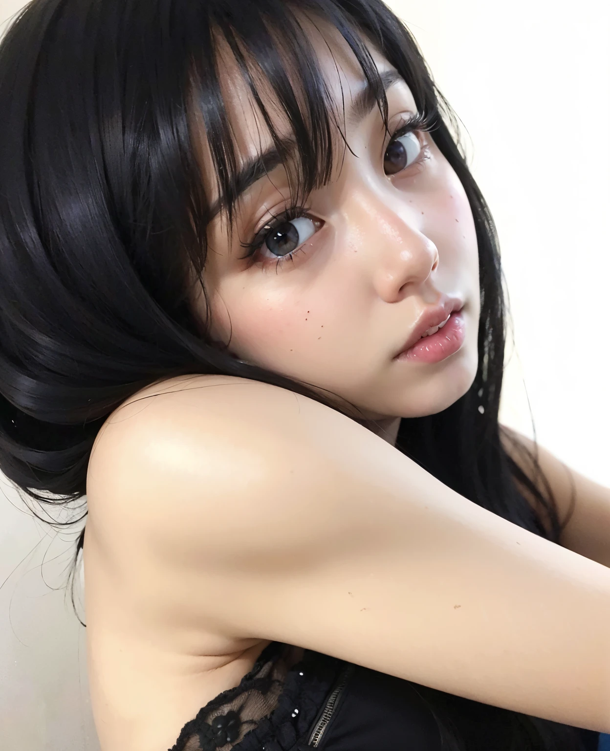 Un primer plano de una mujer con un vestido negro y un cabello negro, Yoshitomo Nara, ulzzang, Linda cara de anime natural, chica linda-fina-cara, Shikamimi, Chiho, Hermosa cara de chicas japonesas, 1 8 yo, Ilya Kuvshinov con cabello largo, Kuvshinov Ilya