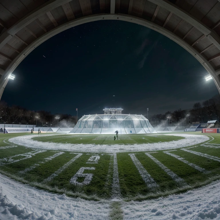 (best quality,4k,8k,highres,masterpiece:1.2),ultra-detailed,(realistic,photorealistic,photo-realistic:1.37),Football field in a igloo,breathtaking snowy landscape,superbly crafted stadium design,illuminated by vibrant floodlights,gleaming ice surface,flawless integration of the igloo with the structure,snow-covered spectator stands,frosty breath of the players,crisp cold air,excitement and energy of a football match,steaming cups of hot cocoa,blankets of thick snow surrounding the field,striking contrast between the green grass and pure white snow,spectacular architectural marvel,mesmerizing frozen wonderland,perfect harmony between nature and sports.