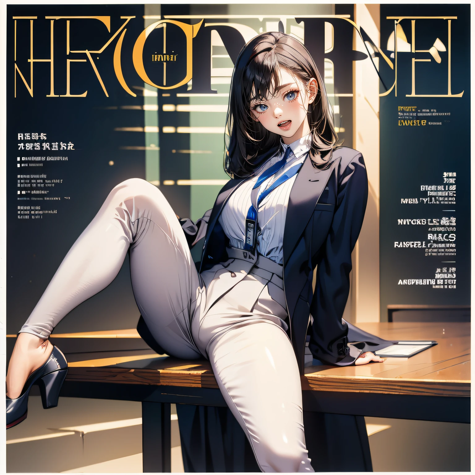 (((magazine's cover))), (large title), (many heading), (white border), suit, name plate, ID card, (whole body), straddling to hit her crotch on table edge, open legs, raise leg, open mouth, masturbation, ecstasy face, (outside),