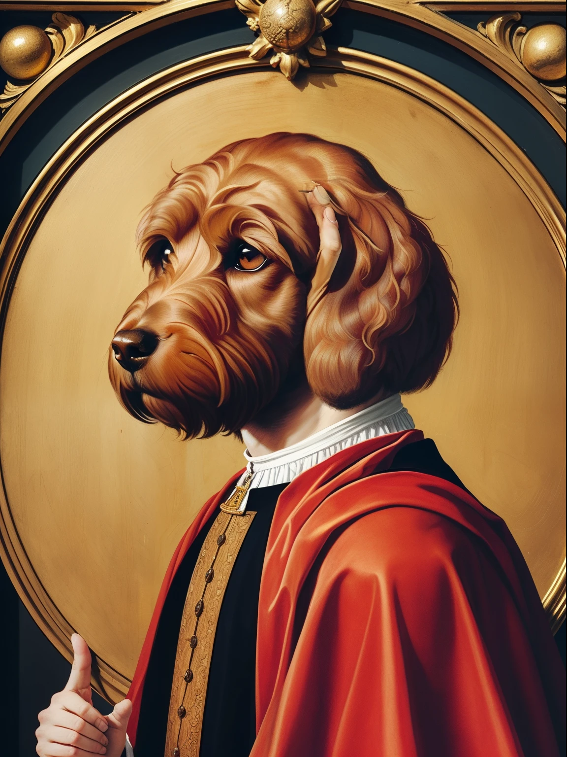 15th century portraiture, (style of Jan van Eyck:1.3), brown labradoodle as Christ Pantocrator, medieval manuscript, (head is that of a brown labradoodle:1.3), one paw raised, brown fur, solo, human with labradoodle head, gilding