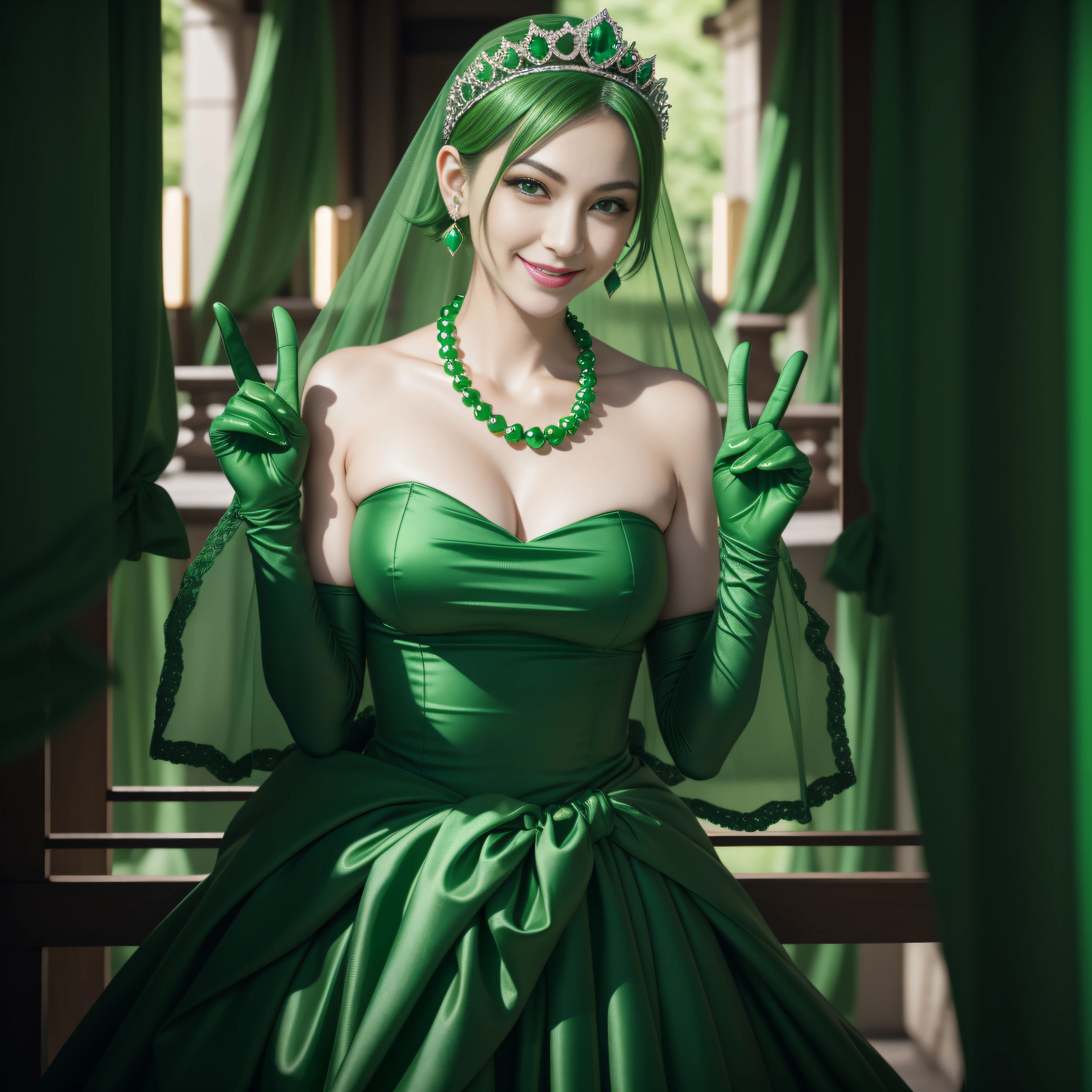 emerald tiara, Green Pearl Necklace, Boyish very short green hair, lipsticks, Japan woman smiling, very short short hair, big breasts beautiful, Green eyes, Long green gloves made of satin material, Green eyes, Emerald Earrings, green vale, v sign