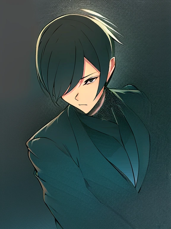 A yakuza woman in a neat black suit with short black hair parted to the side covering her right eye ready to fight