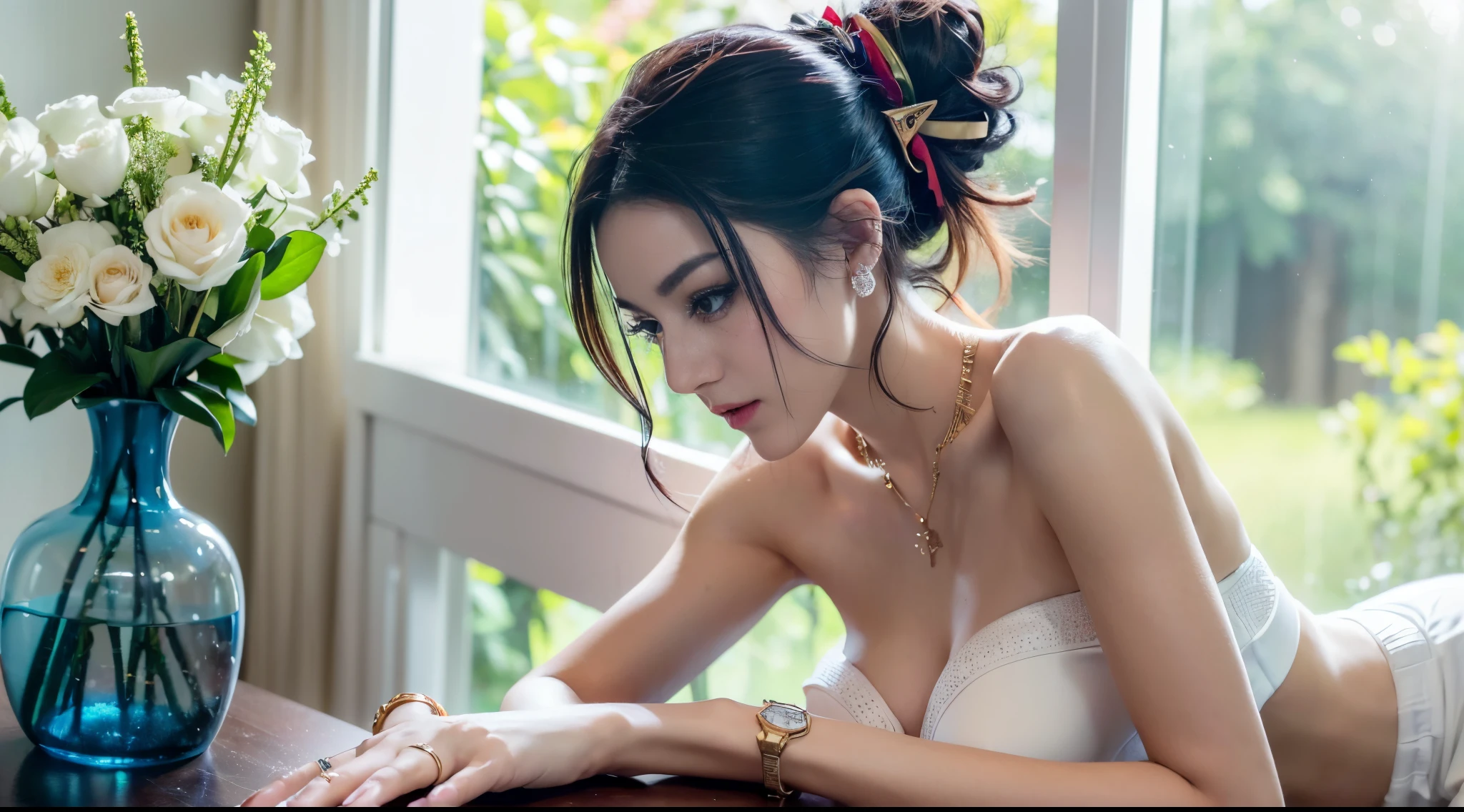 (beautifull indonesian (detail) medium wavy layer hair and her little sister (detail short ponytail hair) with gigantic breast , hand touch head, armpit, wear (detail luxury traditional costume), ,(strapless bra), (show cleaveage), (show underboobs) , (show sideboobs), (show thigh), flower vase, (gigantic large breast:1,9), traditional ornament background, background, detail luxury floor, detail flower vase, detail luxury table, detail luxury gift , detail luxury lamp, beautifull face, pretty face, beautifull eyes, beautifull nose, sexy lips, polished nails, raytracing, nsfw, beautifull fingers, beautifull hands, sexy belly, sexy body, sexy shoulders, sexy legs, sexy hips, (bracelet), (hairpin), (ring), (necklace), (earring), black nails , blue eye,, nsfw, (4 fingers in 1 hand), white skin, full body picture, pretty makeup, (boob stack), (lesbian), (perfect hand, perfect fingers)), cg realistic, 8k, sharp eye, (from behind), cg realistic, 8k, sharp eye, (masterpiece, best quality:1.2),(8k,highres,RAW photo,realistic,photo-realistic:1.3),(detailed skin texture,detailed cloth texture,beautiful detailed face:1.25),professional lighting,photon mapping,beautiful soft light,radiosity,physically-based rendering,model shoot style, model shoot style, (extremely detailed CG unity 8k wallpaper), full shot body photo of the most beautiful artwork in the world, complex 3d render ultra detailed, looking at viewer, 18 yo, wet hair, real human skin, vibrant details, hyperrealistic, beautiful, octane render, 8k, best quality, masterpiece, an extremely delicate and beautiful, extremely detailed ,CG ,unity ,wallpaper, (realistic, photo-realistic:1.37),Amazing, finely detail, masterpiece,best quality,official art, extremely detailed CG unity 8k wallpaper ,extreme detailed eyes, (perfect face), shiny skin, colorful, highest detailed, vibrant colors, ultra high res, (high contrast), intricate, lens flare,