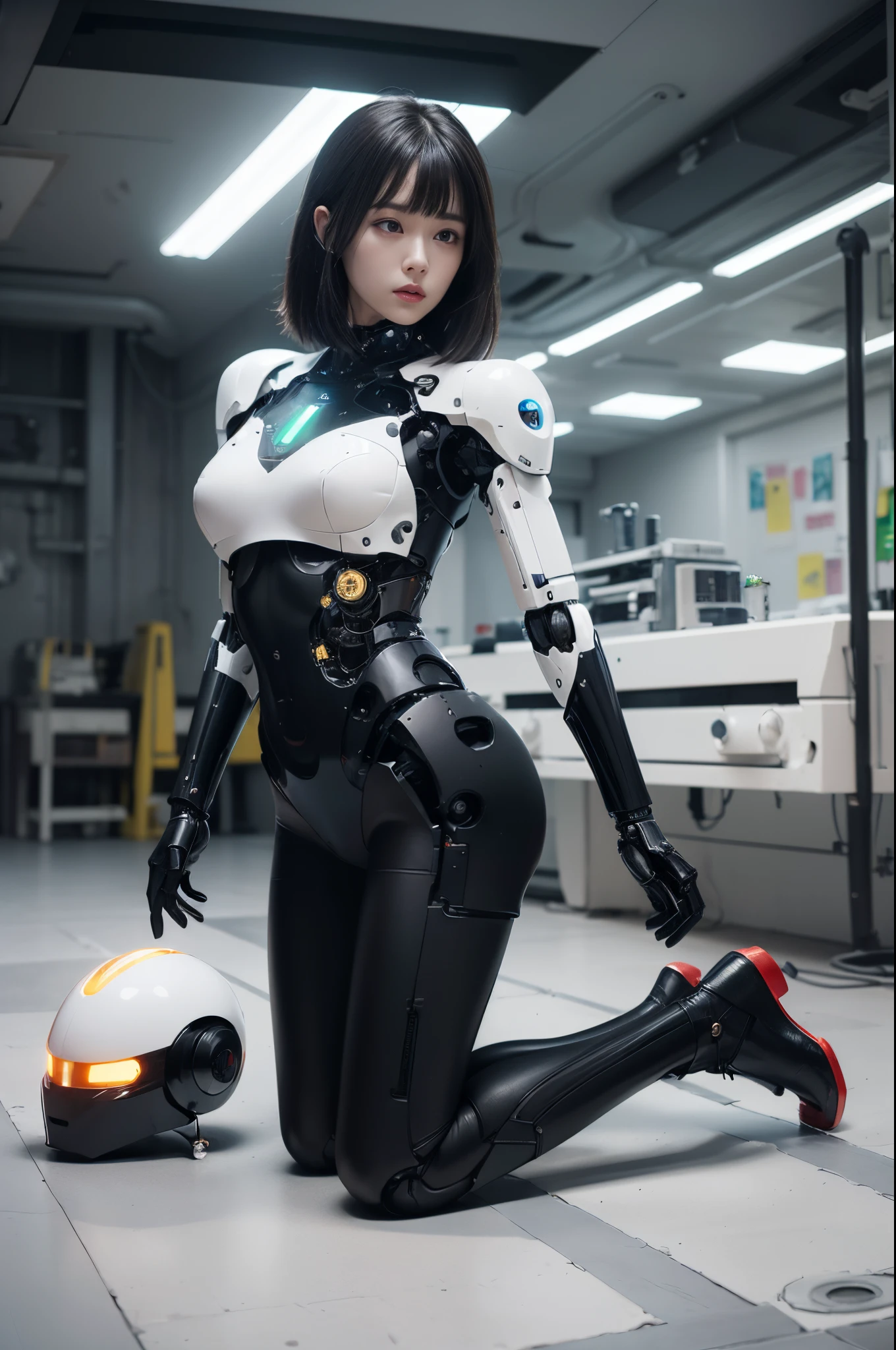 (photorealistic:1.4), (RAW photo),masterpiece, best quality, extremely detailed, (photorealistic:1.4), (RAW photo) (RAW photo) (8K, 4K, Best Quality, hight resolution, 超A high resolution:1.1), (masutepiece, Realistic, Photorealsitic:1.1), 1girl in, Japaese Cyborg Girl,Plump , White boots,announcer,control panels,android,Droid,Mechanical Hand, ,clothes with a sense of mechanical technology, Robot arms and legs, Black Robot Parts,Black hair,Mechanical body,Blunt bangs,White abdomen,White robotics parts,perfect robot woman,future laboratory,cyber pank,charging spot,laboratory,long tube,thick cable connected her neck,kneel on the floor,bowing,ceramic body ,full eyes,striking eyes,mechanical body, ear antenna,mechanical ear cover,android,robot humanoid,dark black tights