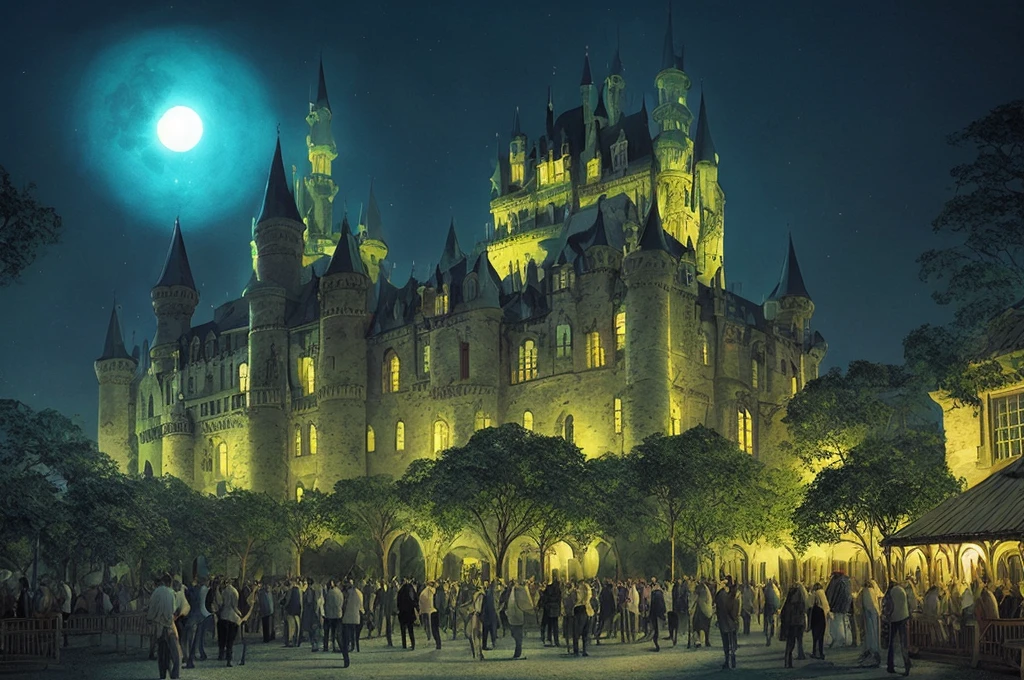 Festival de magia en una noche a la luz de la luna. In the center of the image is a Gothic castle with many towers as a backdrop for the magical performances and activities taking place. Haunted light effects add to the ethereal atmosphere of the scene, with a magical atmosphere, elegante, fantasy and magical bioluminescent flora, ultra detallada, volumetric illumination, arte de comics