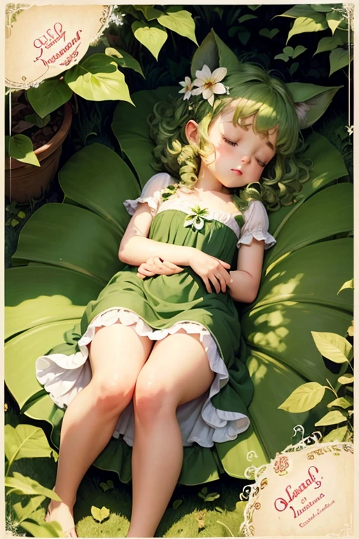 (masterpiece:1.2), (Best quality:1.2), Perfect lighting, cute style symmetric, tiny girl perfect sleep on side in a giant plant leaf flower, sleep on side curl up in real giant plant leaf, sleep curl up, front frontal view, face european caucasian, poster style epic, fullbody, wearing herbal decor whight night dress, no crop, sleep on side curl up