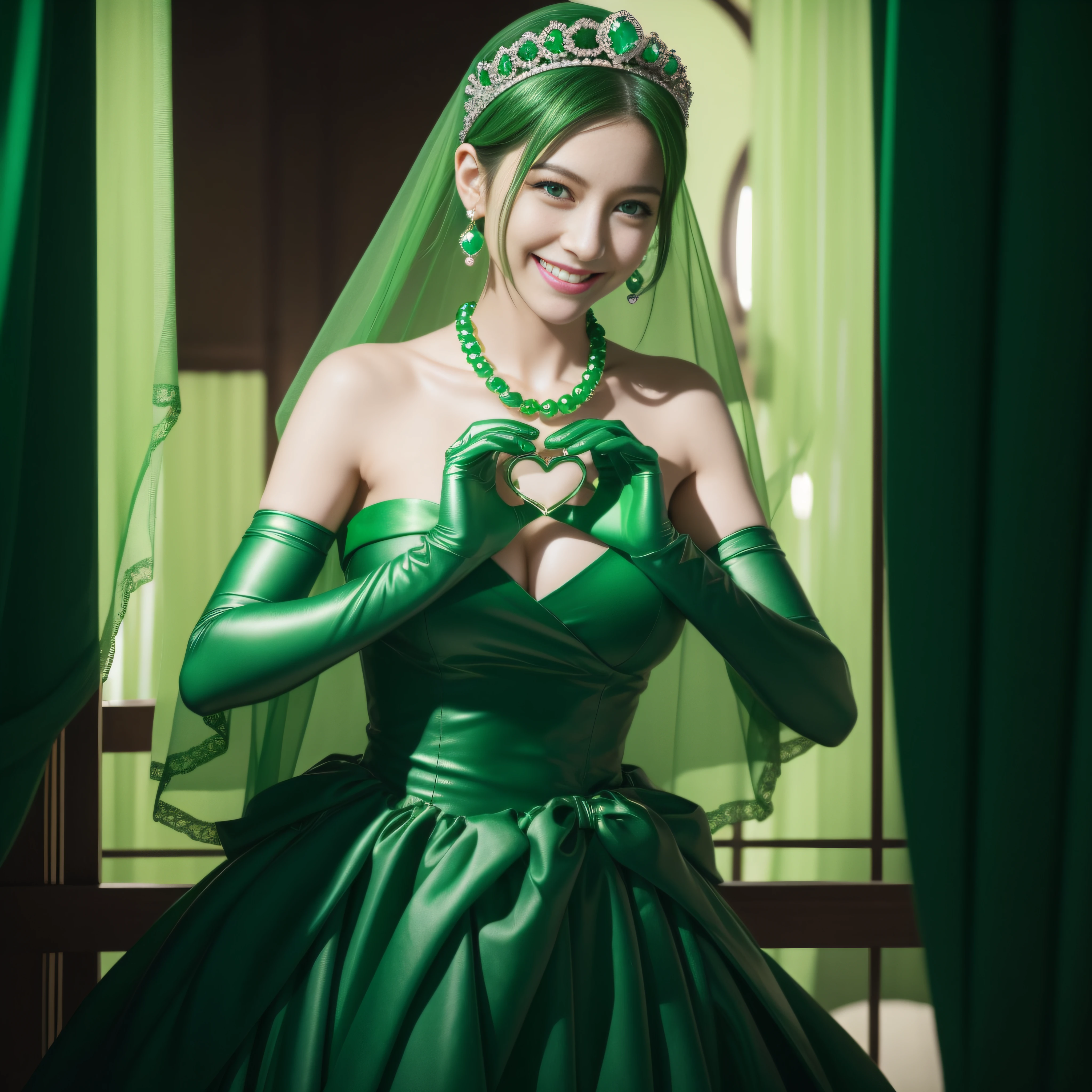 emerald tiara, Green Pearl Necklace, Boyish very short green hair, lipsticks, Japan woman smiling, very short short hair,  big breasts beautiful, Green eyes, Long green gloves made of satin material, Green eyes, Emerald Earrings, green vale, Heart with both hands