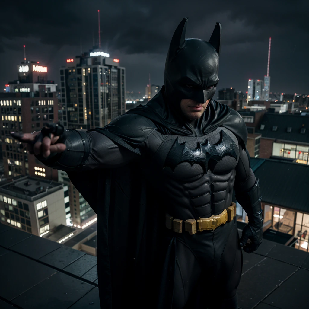 Batman, on a rainy day, at midnight, 8k, on top of a building,with a very cool pose, muscular, with a flowing cape