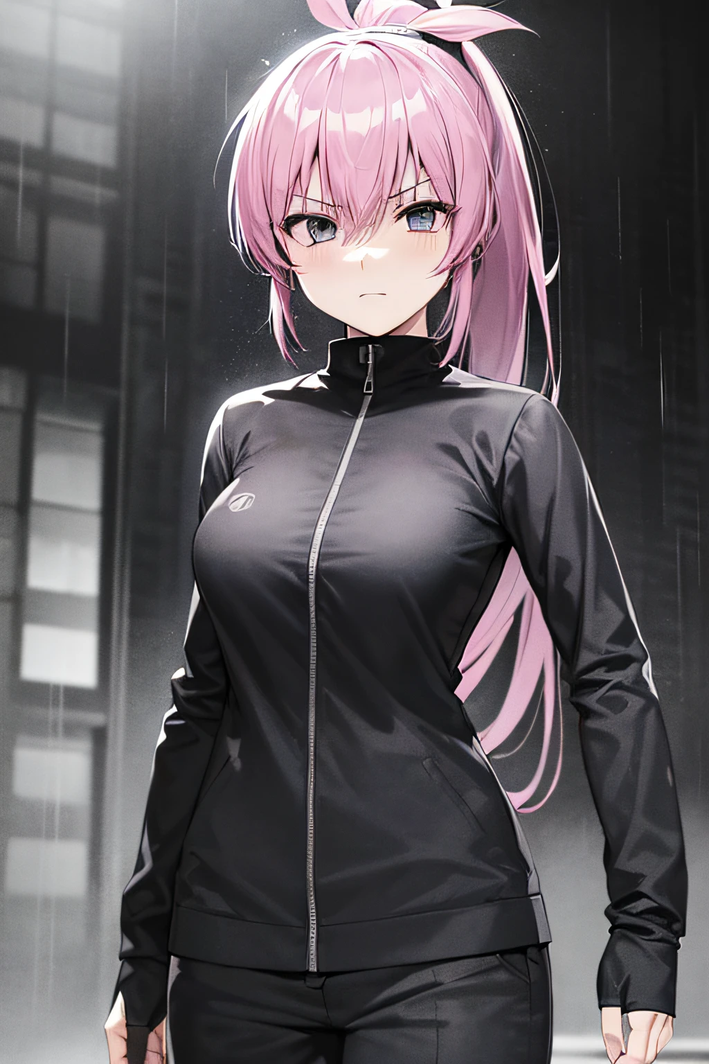 (greyscale), (melancholy), (posing), (cowboy shot), Saigusa Haruka, pink hair, ponytail, sidetail, psychopatic face, evil face, emotionless face, anime character, (rain), (city), secret agent, (manga style), old manga, sci-fi anime, modern ninja