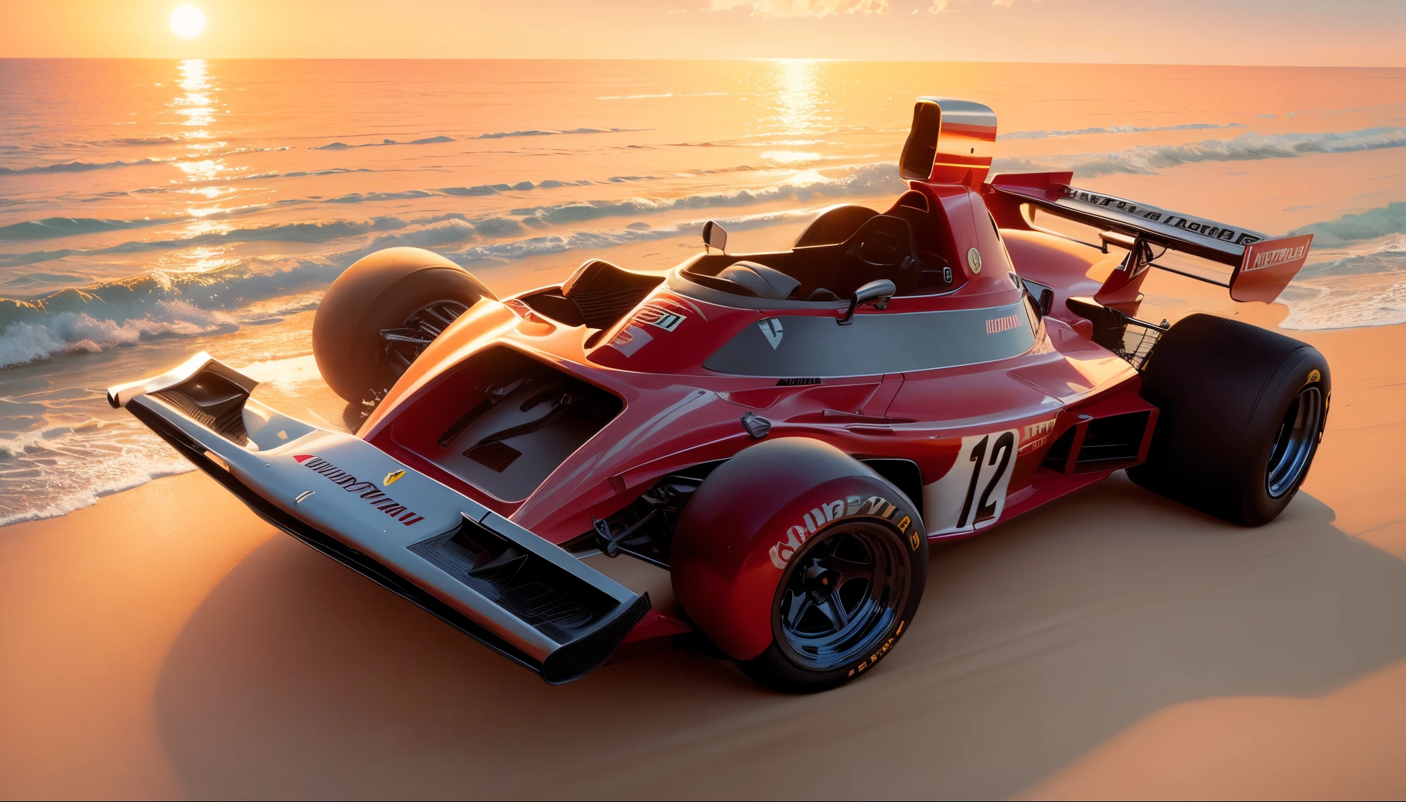 Um carro vermelho formula 1 Ferrari 312 B3 com praia, boats and yachts at sunset by Syd Mead
