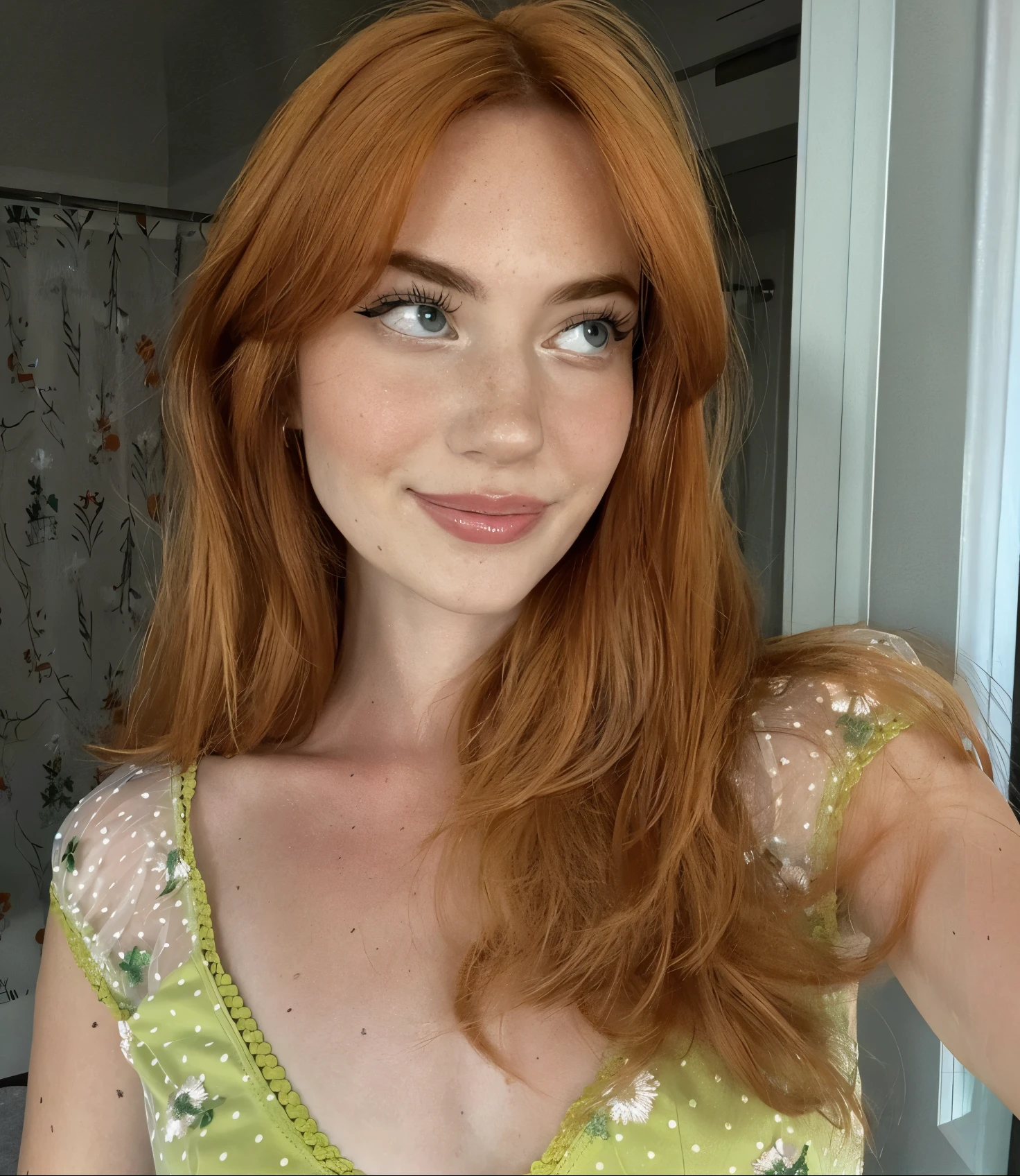 Arafed woman with red hair and green dress taking a selfie, Pelo de jengibre con pecas, Cabello de jengibre que fluye, Cabello ondulado de jengibre, cabello de jengibre, Cabello rojo y rasgos atractivos, Hada Ellie Bamber, pelo rojo y pecas, Cabello largo de jengibre, cabello cobrizo, Hermosa mujer pelirroja, Pelo de jengibre salvaje, con cabello rojo y ojos verdes, pelo rojo largo y suelto
