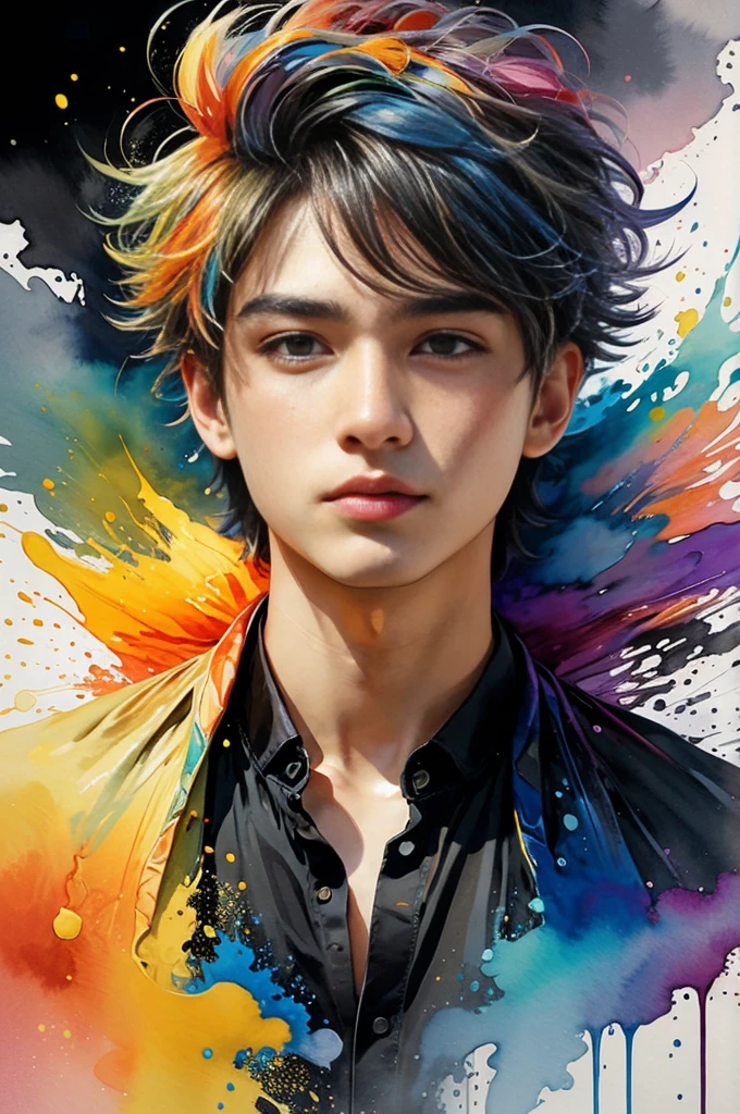 Colorful beautiful man, An 18-year-old male, Messy hair in multiple colors, aquarelle, Beautiful and perfect face, Broken,Lots of colors, Complicated details, Boot picture, 8K分辨率, tmasterpiece, Cute face,Art Station Digital Painting Smooth Black Ink Flow, A realistic masterpiece with 8K resolution, Complex and detailed fluid gouache painting, caligraphy, Acrylic fiber, water color art, professional photoshooting, natural lightting, Volumetric illumination is maximized, Complex, Elegant, Comprehensive, like a dream