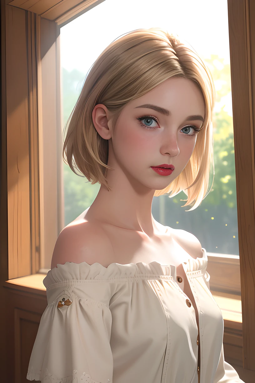 (masterpiece, best quality), (8k, UHD), (1080p,HDR), high resolution, high detailed, sharp focus, 1 girl, with blonde hair, light brown hair, short hair, tsundere, red lips, light blush, wearing contour fitted off the shoulder blouse, natural light, god ray, upper body, ray tracing