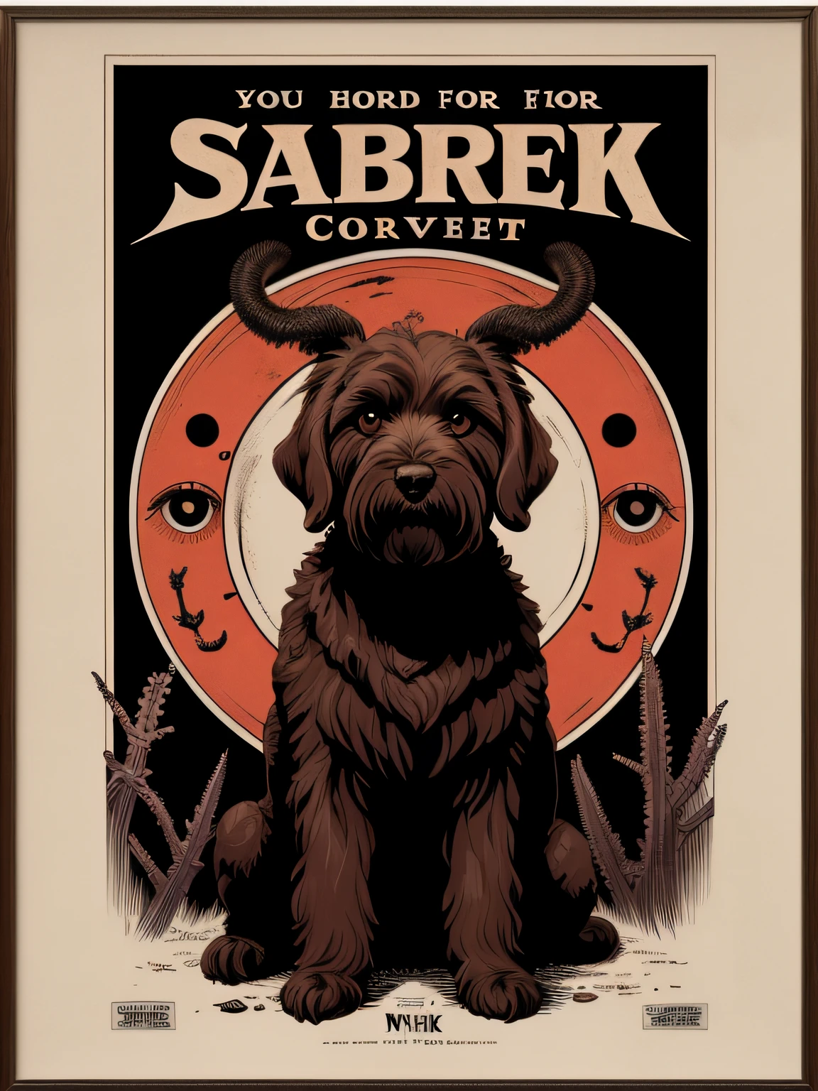 ink poster, horror poster, horror flick about a brown labradoodle with eight eyes, simple color palette, bold colors, english letters, tarantula motif, 1dog, solo focus, 1920's classic horror