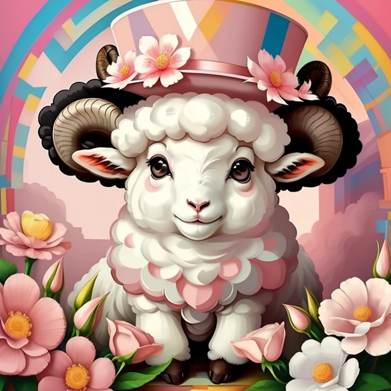 ((|) (cute baby sheep with a pink top hat and flowers) stylized identical to 1940 |)), acolchoamento ,multidimensional geometric wall PORTRAIT, arte, Chibi,
Yang016K, lindo,(( cor vermelha predominante, rosa e branco))
Primary works, qualidade superior, melhor qualidade, Arte Oficial, Beautiful and Aesthetic,),  Eduardo Kobra acolchoamento ,multidimensional geometric wall PORTRAIT, arte, Chibo,detalhes