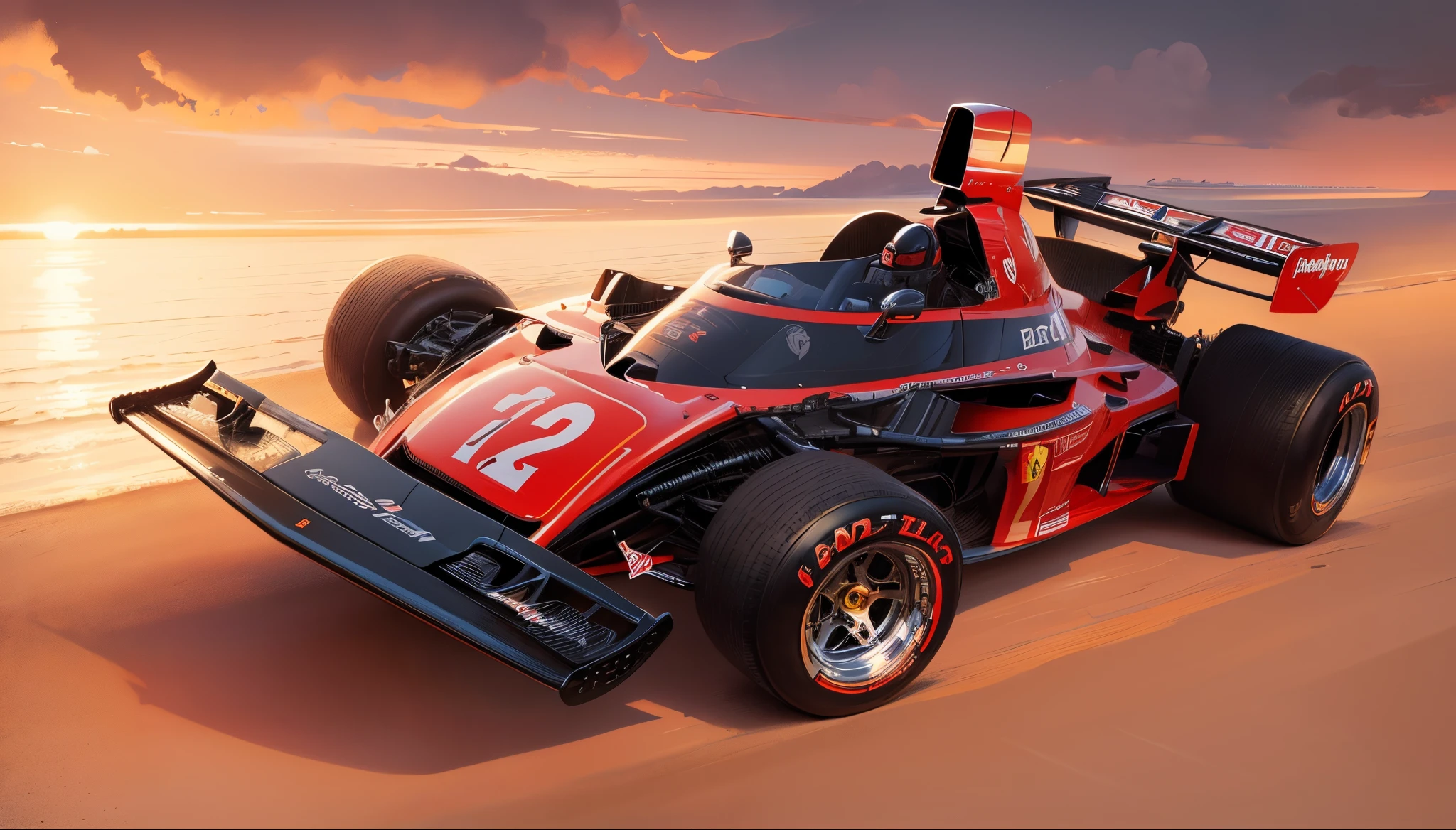 Um carro vermelho formula 1 Ferrari 312 B3 com praia, boats and yachts at sunset and clouds by Syd Mead