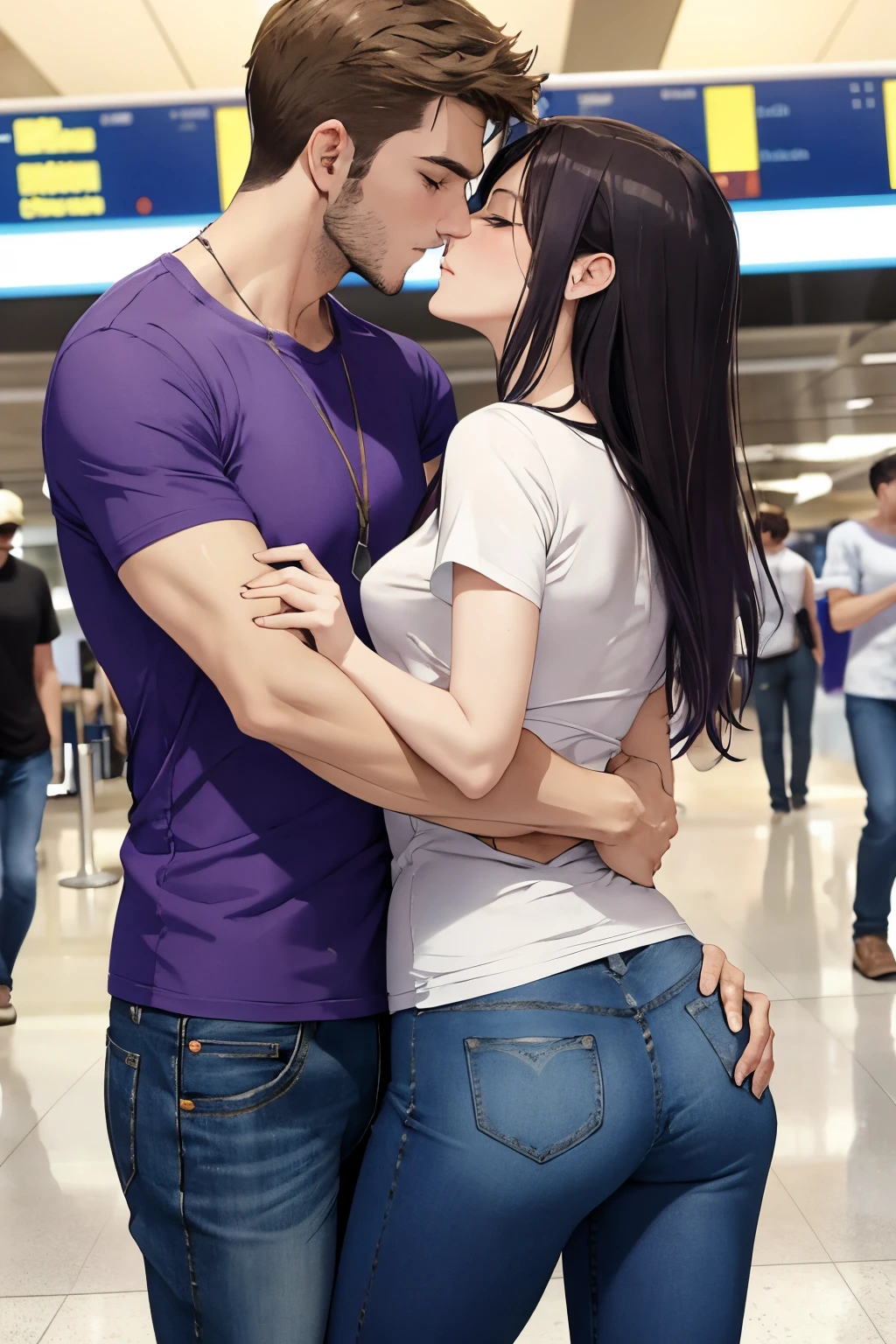 Man wearing purple t shirt and jeans kissing a sexy woman wearing a white t shirt and jeans in an airport