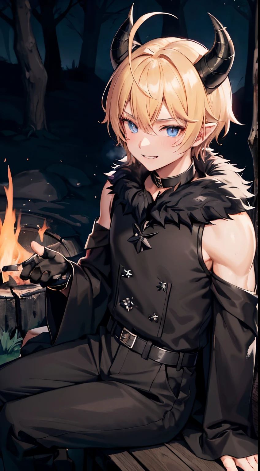 1boys, ahoge, Bangs, 鎖骨, looking at another, male focus, Short hair, Sketch, the sweat, blond hair, blue eyes, pointed ears, fangs, sharp teeth, fluffy hair, teenaged, shoulder-length hair, horns demon, Triangular horns, Black Ponytail, Black Top, long cloak, cloak covers hands, black fur on the neck, black short fingerless gloves, in the woods, night time, night sky, Sitting by the fire, Black pants, slacks, Black Boots, blush, smile