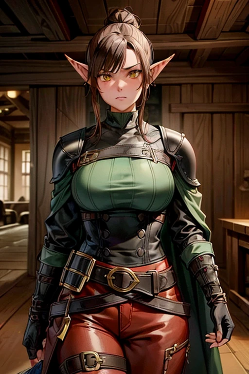 high detailed 1girl, elf, red_skin tan, black_hair hair_bun single_hair_bun, serious, (yellow_eyes), (animal_nose:1.2), pointed_ears, simple_background, female_focus, final fantasy tactics, jrpg, demacia, vox machina style