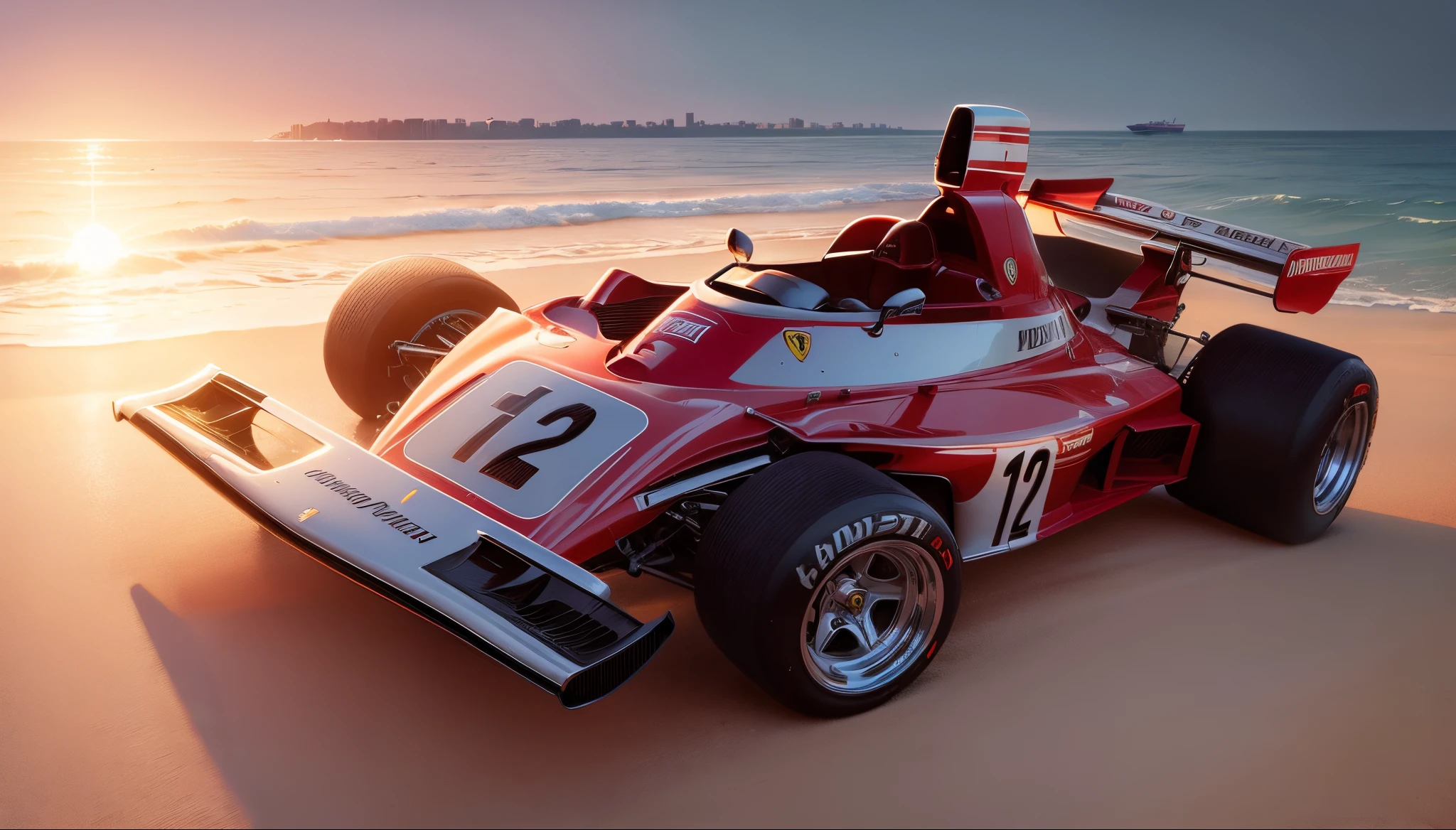 Um carro vermelho formula 1 Ferrari 312 B3 com praia, boats and yachts at sunrise with buildings on the seafront by Syd Mead