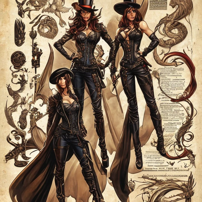 Sketchbook Style, Sketch book, hand drawn, dark, gritty, realistic sketch, Rough sketch, mix of bold dark lines and loose lines, bold lines, on paper, wanted poster, stunningly beautiful outlaw, runic tattoos,black top hat, black top hat, knife in hand, body, leather and lace corset, huge breast, huge breast, huge breast, brown red floating hair, bangs, Full body, arcane symbols, runes, dark theme, Perfect composition golden ratio, masterpiece, best quality, 4k, sharp focus. Better hand, perfect anatomy. Mark Brooks and Dan Mumford, comic book art, perfect, smooth