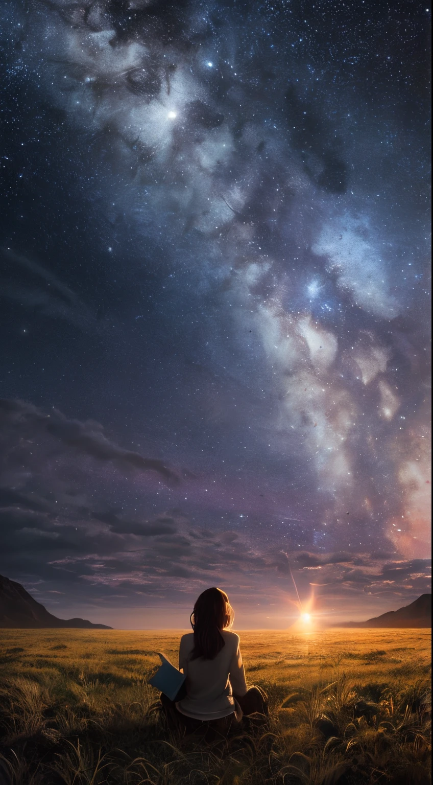 Extra full shot, expansive landscape photograph , (a view from behind that shows sky above and open field below), a girl sitting on grass field looking up, reading book on hand,  (full moon:1.2), ( shooting stars:0.9), (nebula:1.3), distant mountain, tree BREAK production art, (warm light source:1.2), (Firefly:1.2), lamp, lot of red and blue, volumetric lighting BREAK (masterpiece:1.2), (best quality), 4k, ultra-detailed, (dynamic composition:1.4), highly detailed, colorful details,( iridescent colors:1.2), (glowing lighting, atmospheric lighting), dreamy, magical, (solo:1.2) , from behind