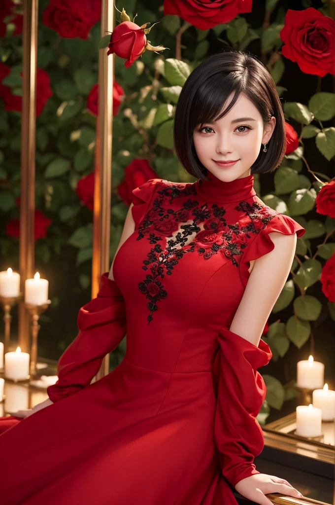 A beautiful young woman with short black hair. She is wearing a long-sleeved high-neck red dress. red roses surround her. In the background black roses. Extremely detailed, high-quality, hyper-realistic, masterpiece photography. Smiling.