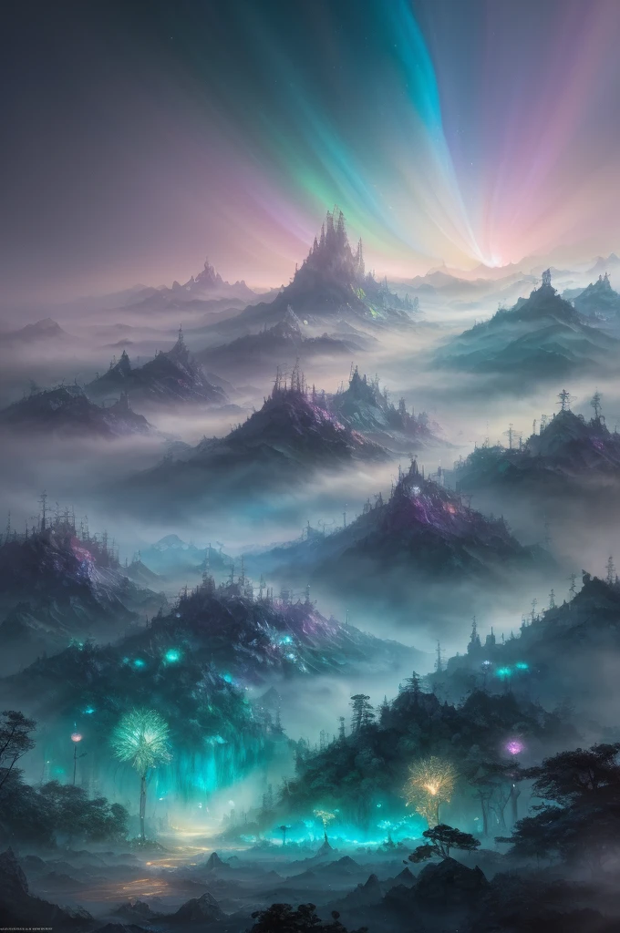 Ultra detailed illustration painting of a bedazzling wild enviroment, concept art, subtle colors, fantastical realm, extremely detailed, ethereal, magical glow, ultra sharp focus, ethereal glowy smoke, light particles, attention to detail, grandeur and awe, cinematic, stunning visual masterpiece, double exposure, 8k, photorealistic, strong outlines,