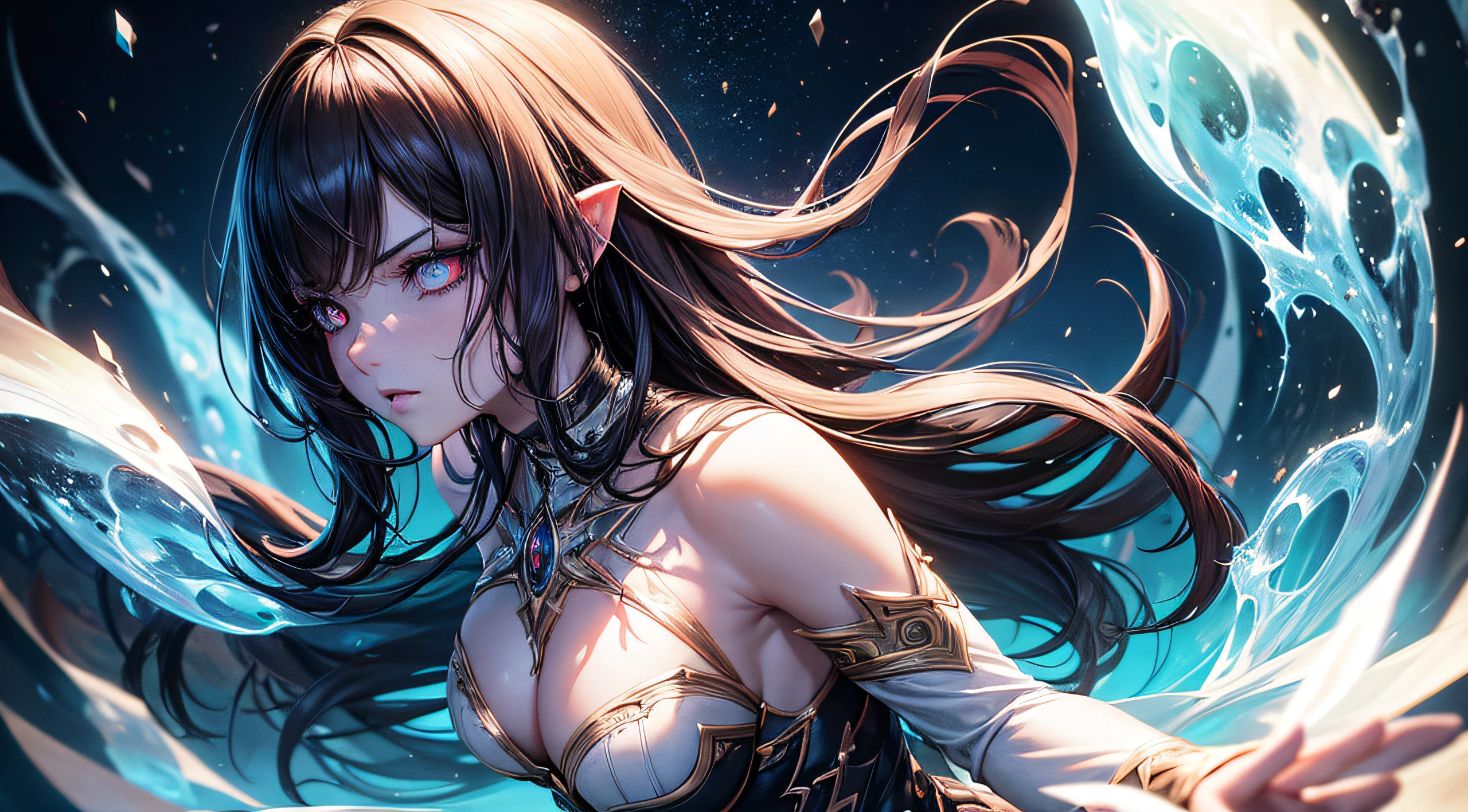 Ultra-detailed illustration of a glowing and adorable undead bad girl./humanoid creature with dark hair, dynamicpose, Anime style, Dimly lit environment of a dark fantasy realm, middle shot, the rule of thirds, Depth of field, Complicated details, Concept art, subtle Colors, Fantasy world, Extremely detailed, ultra sharp focus, light particles, Eyes of detail, grandeur and awe, Cinematic, A stunning visual masterpiece, Doubleexposure, 8K, Photorealistic, Strong outlines, cinematic scene,