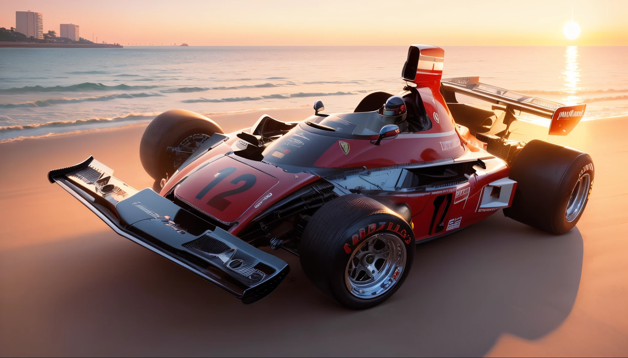 Um carro vermelho formula 1 Ferrari 312 B3 com praia, boats and yachts at sunrise with waterfront buildings by Syd Mead